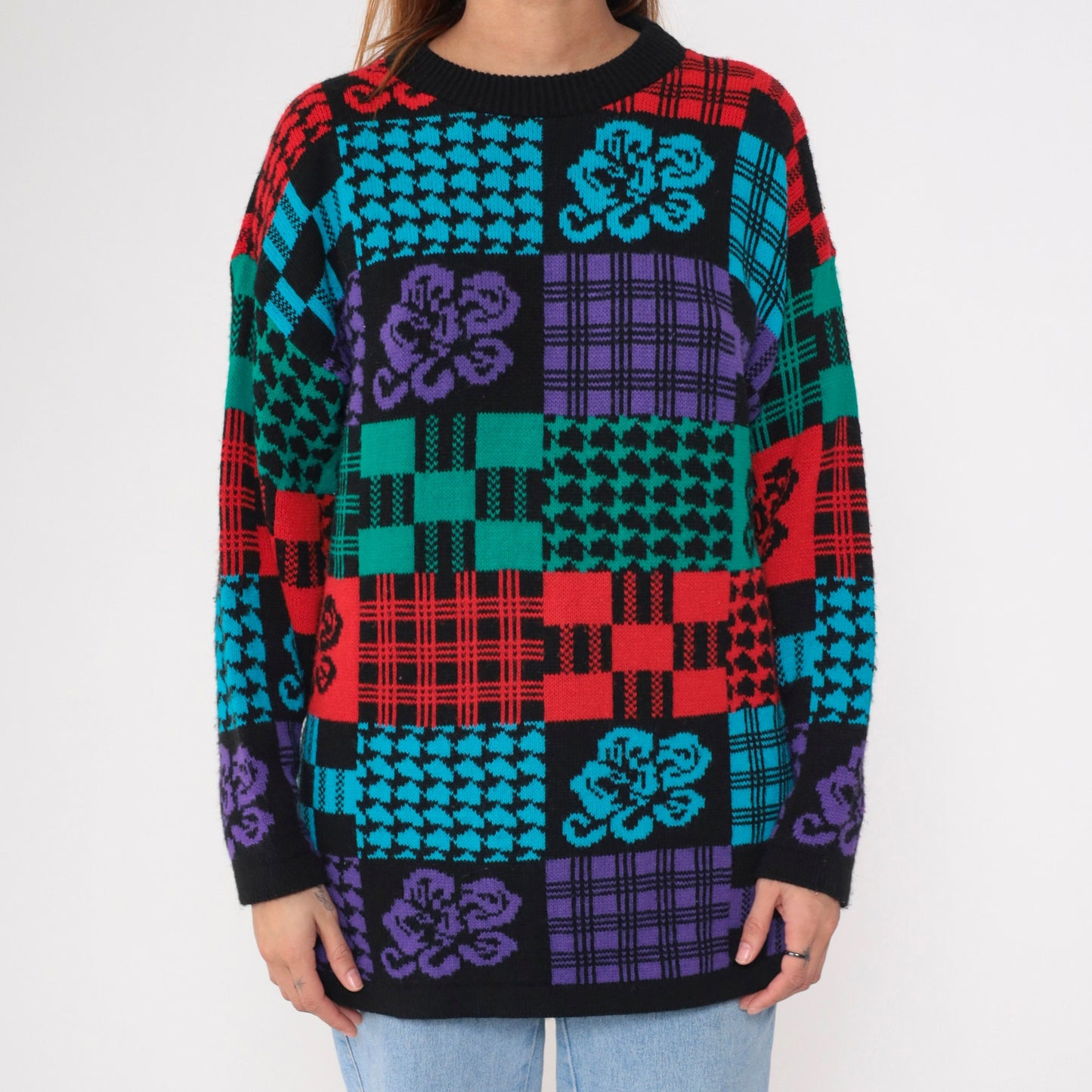 80s Traffic Jam Patchwork Checkered Floral Knit Sweater Black Red Blue Green Medium