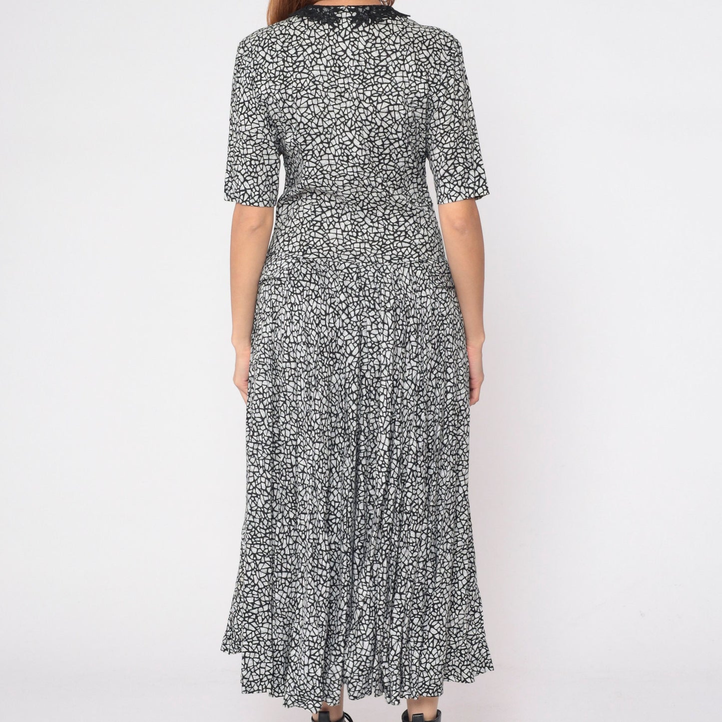 80s Diane Von Furstenberg Mosaic Print Midi Dress Black White Lace Collar Small 6