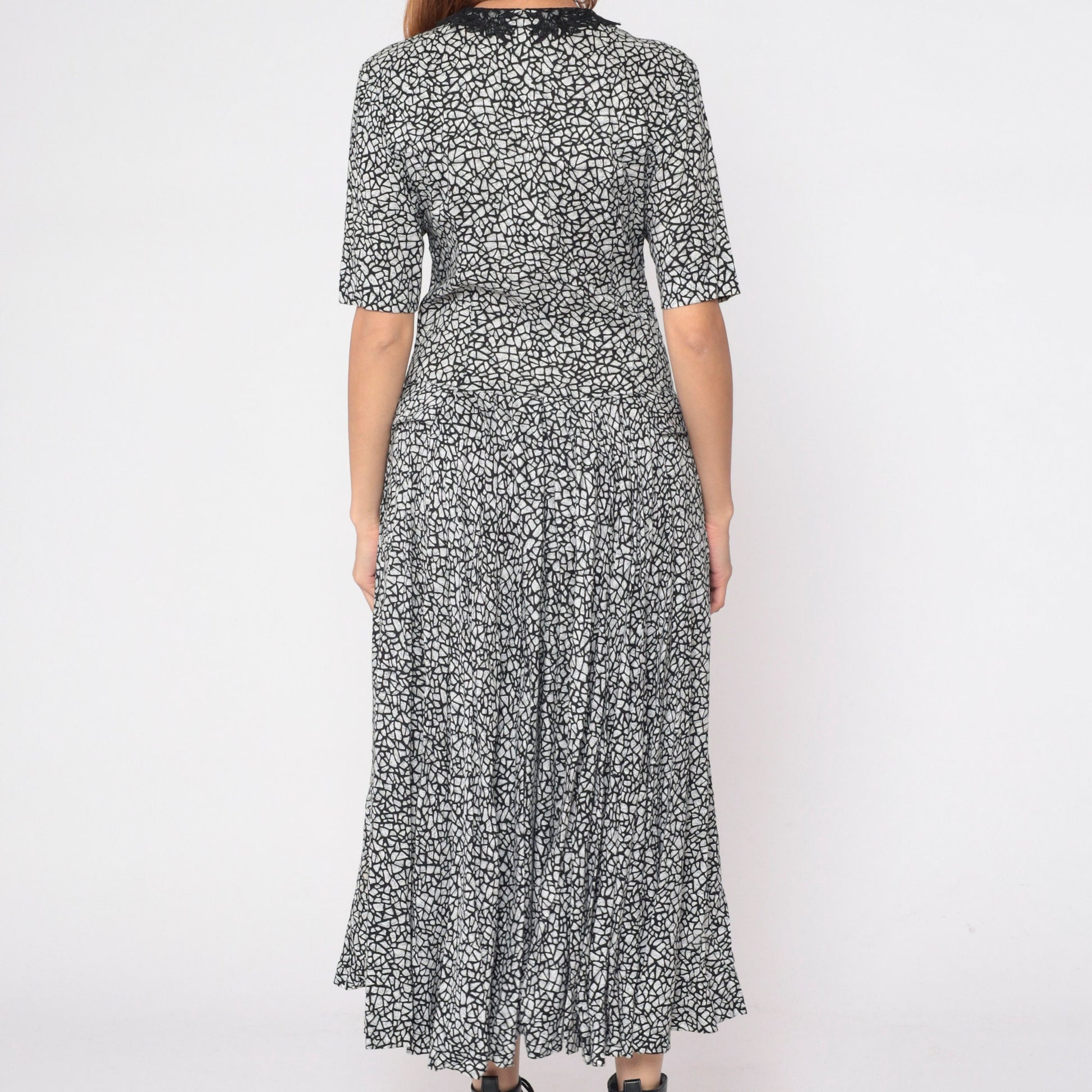 80s Diane Von Furstenberg Mosaic Print Midi Dress Black White Lace Collar Small 6
