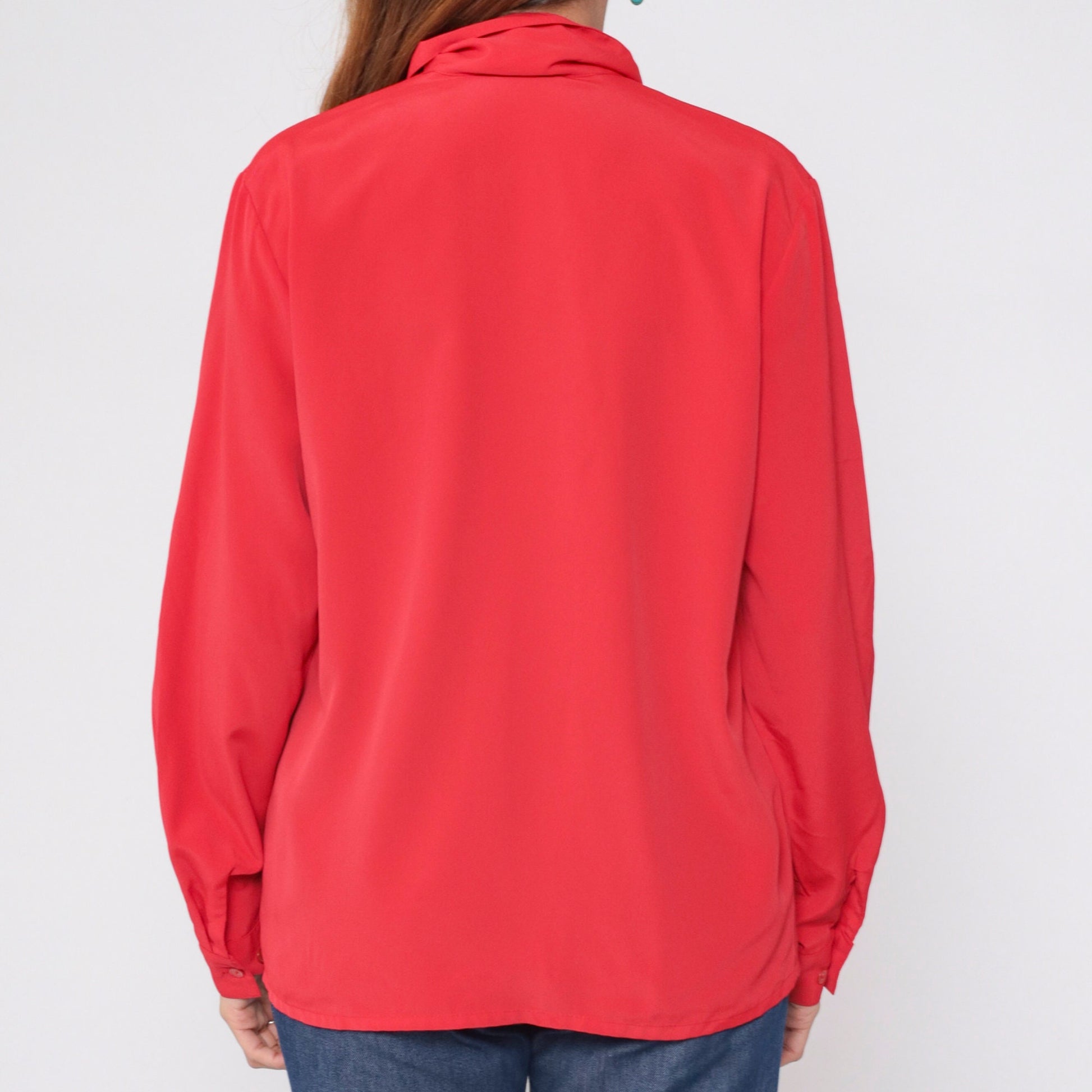 90s Red Pleated Button-Up Blouse Collared Long Sleeve Preppy Large