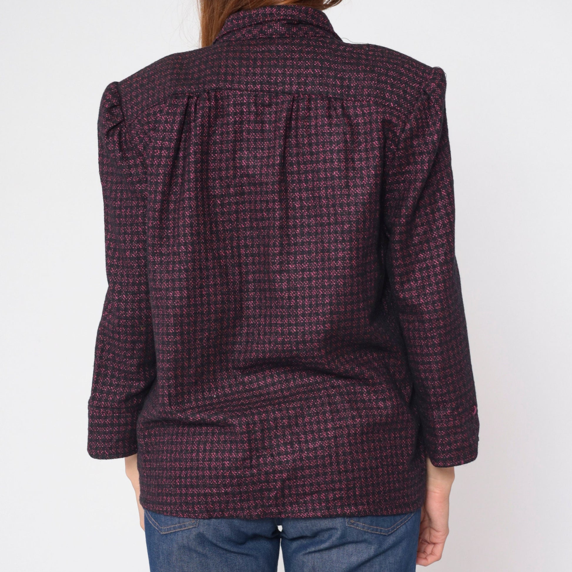 90s Metallic Checkered Blazer Pink Black Open Front Wool Blend Large L
