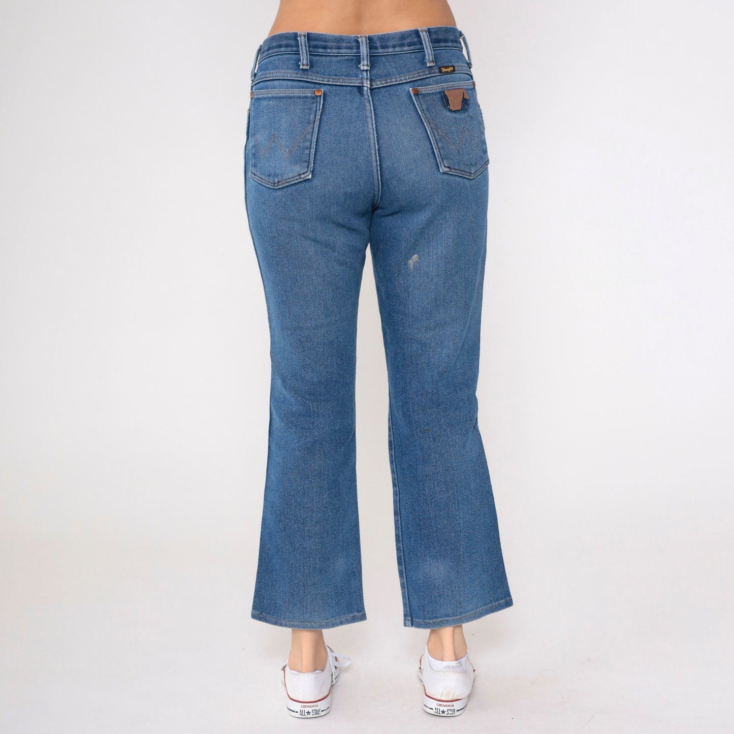 80s Wrangler High Waist Bootcut Jeans Distressed Blue Denim Men's 34