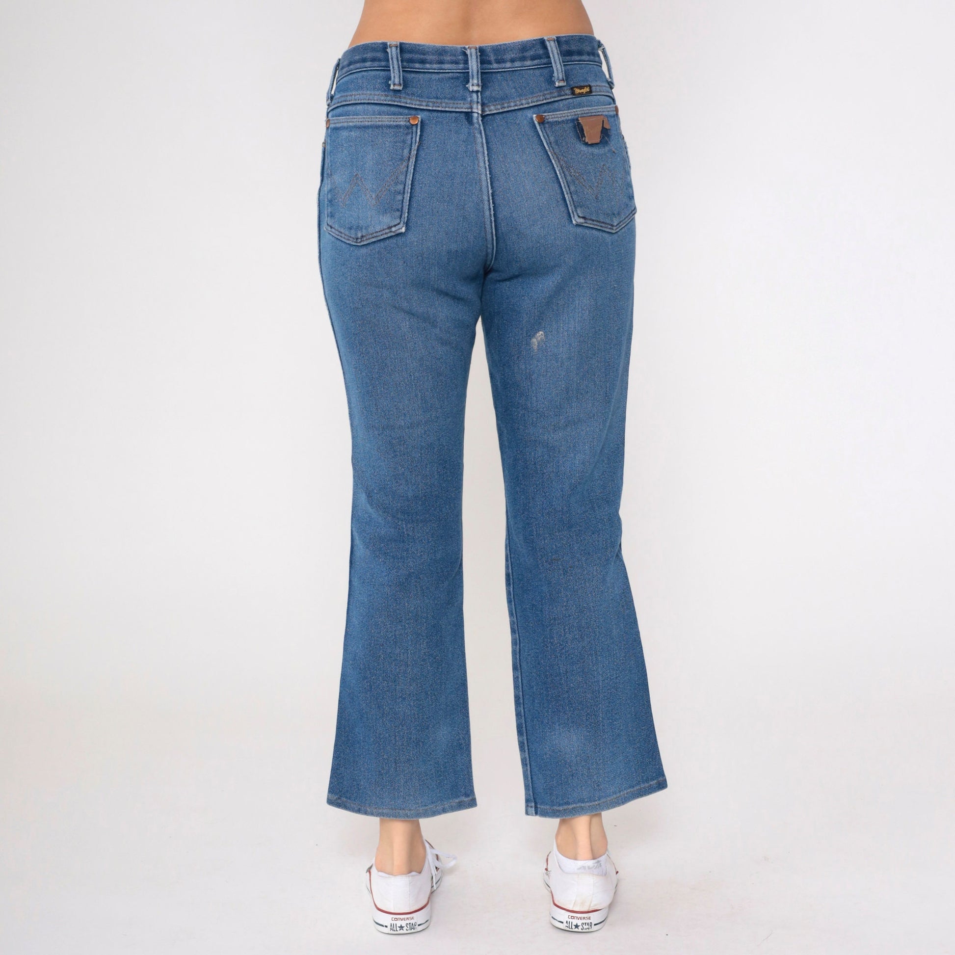 80s Wrangler High Waist Bootcut Jeans Distressed Blue Denim Men's 34