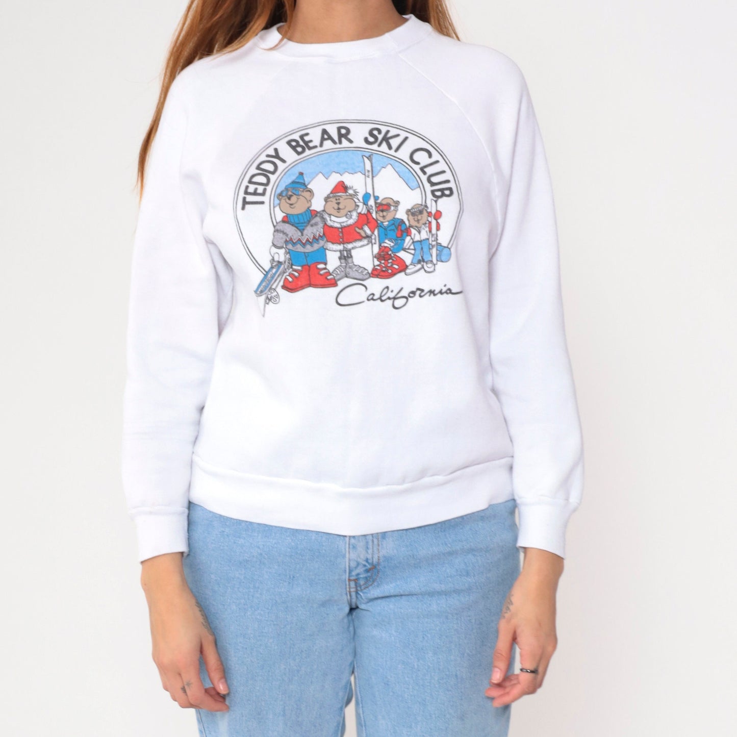 90s Teddy Bear Ski Club California Graphic Sweatshirt White Crewneck Small