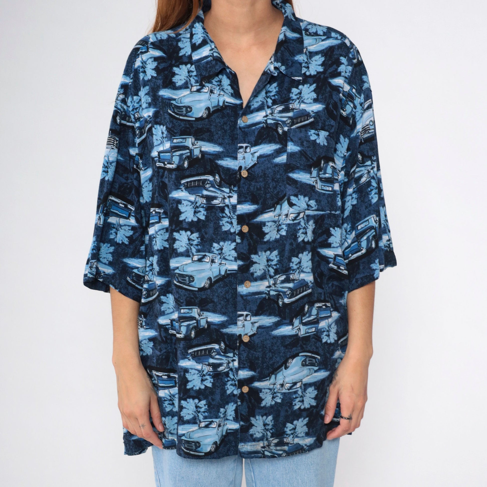 90s Puritan Truck Print Button-Up Shirt Blue Rayon XXL