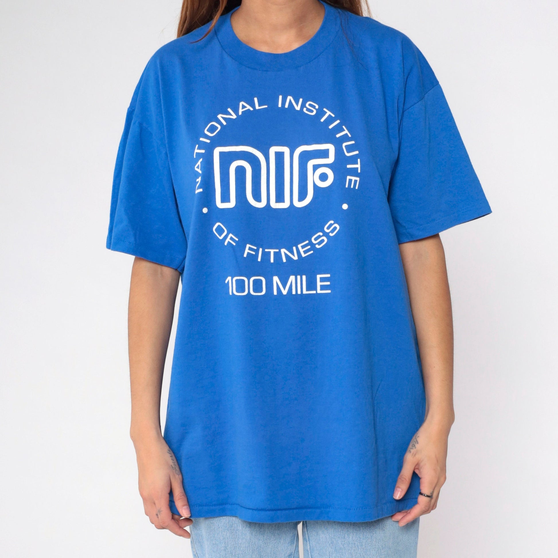 90s National Institute of Fitness 100 Mile Graphic T-Shirt Blue Extra Large XXL