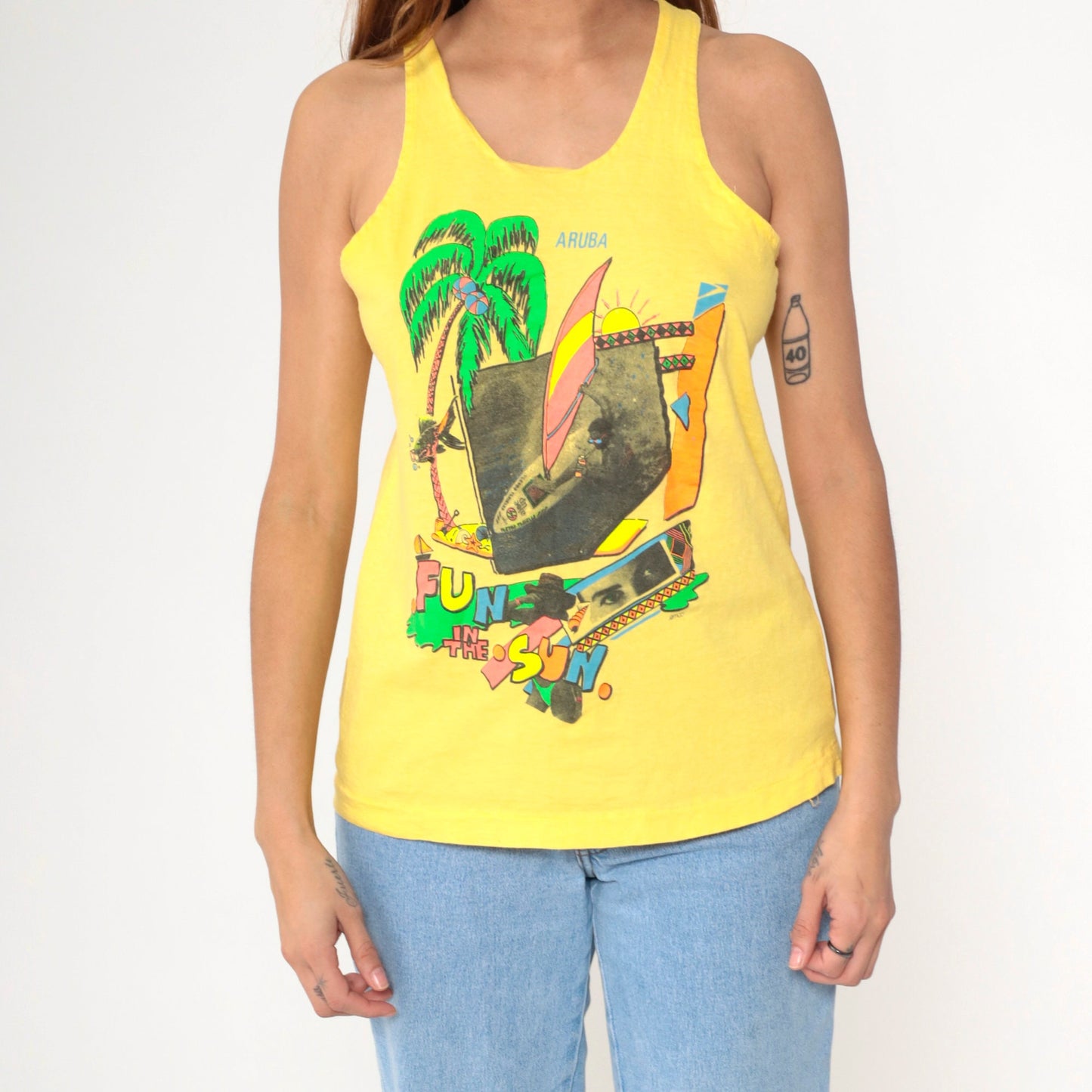 90s Aruba Windsurfing Tank Top Yellow Graphic Caribbean Small