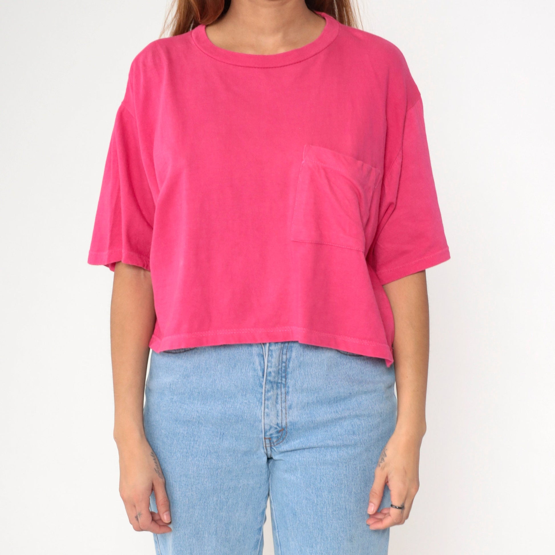 90s Energie Hot Pink Crop Top Cotton T-Shirt Pocket Tee Large L
