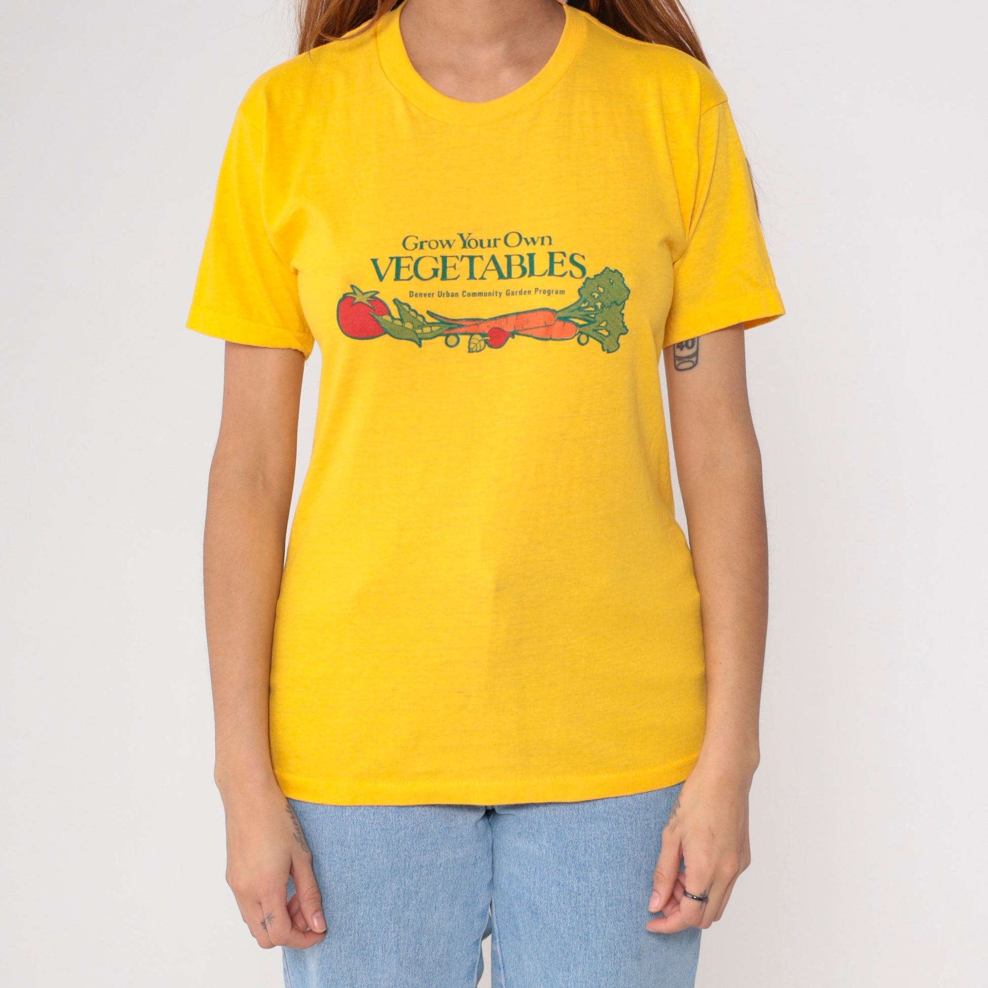 80s Denver Urban Community Garden Program Graphic T-Shirt Yellow Vegetable Gardening Small