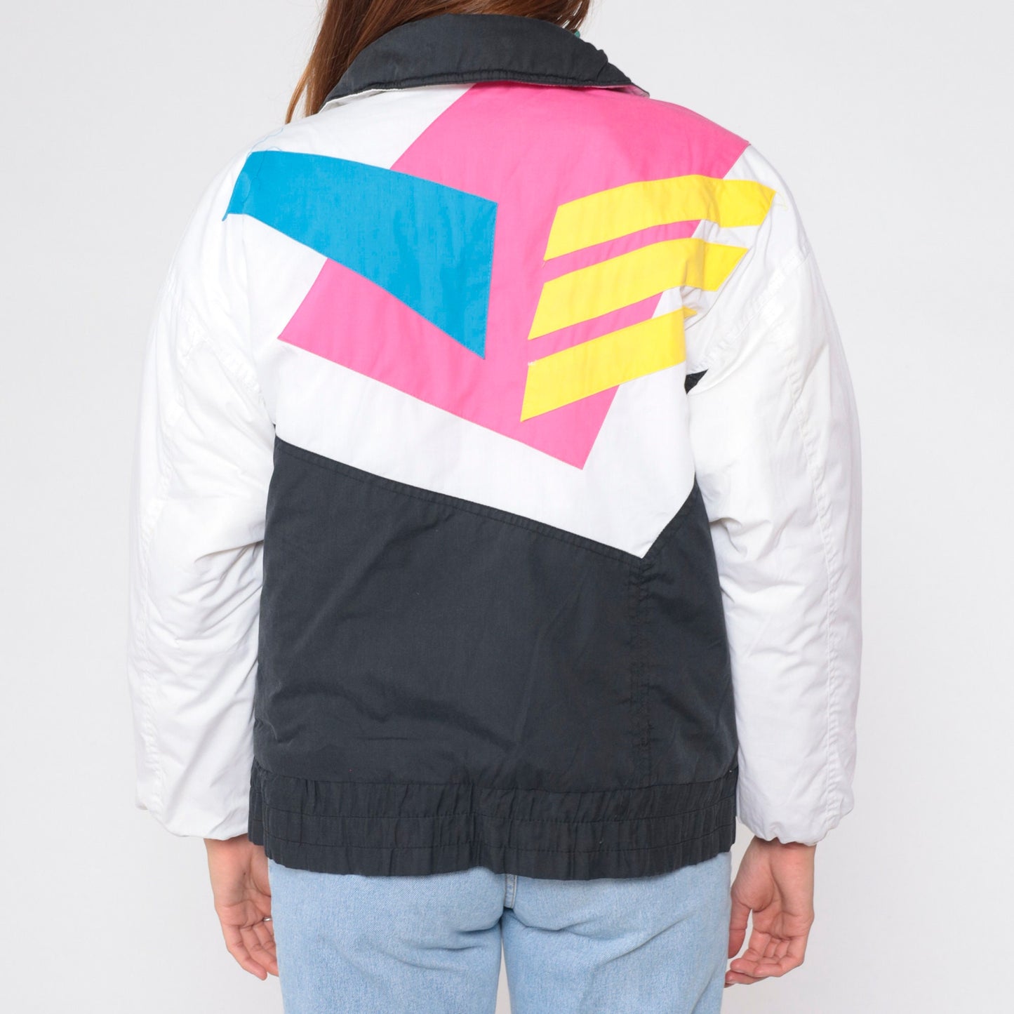 80s Geometric Colour Block Puffer Ski Jacket Black White Blue Pink Yellow Medium