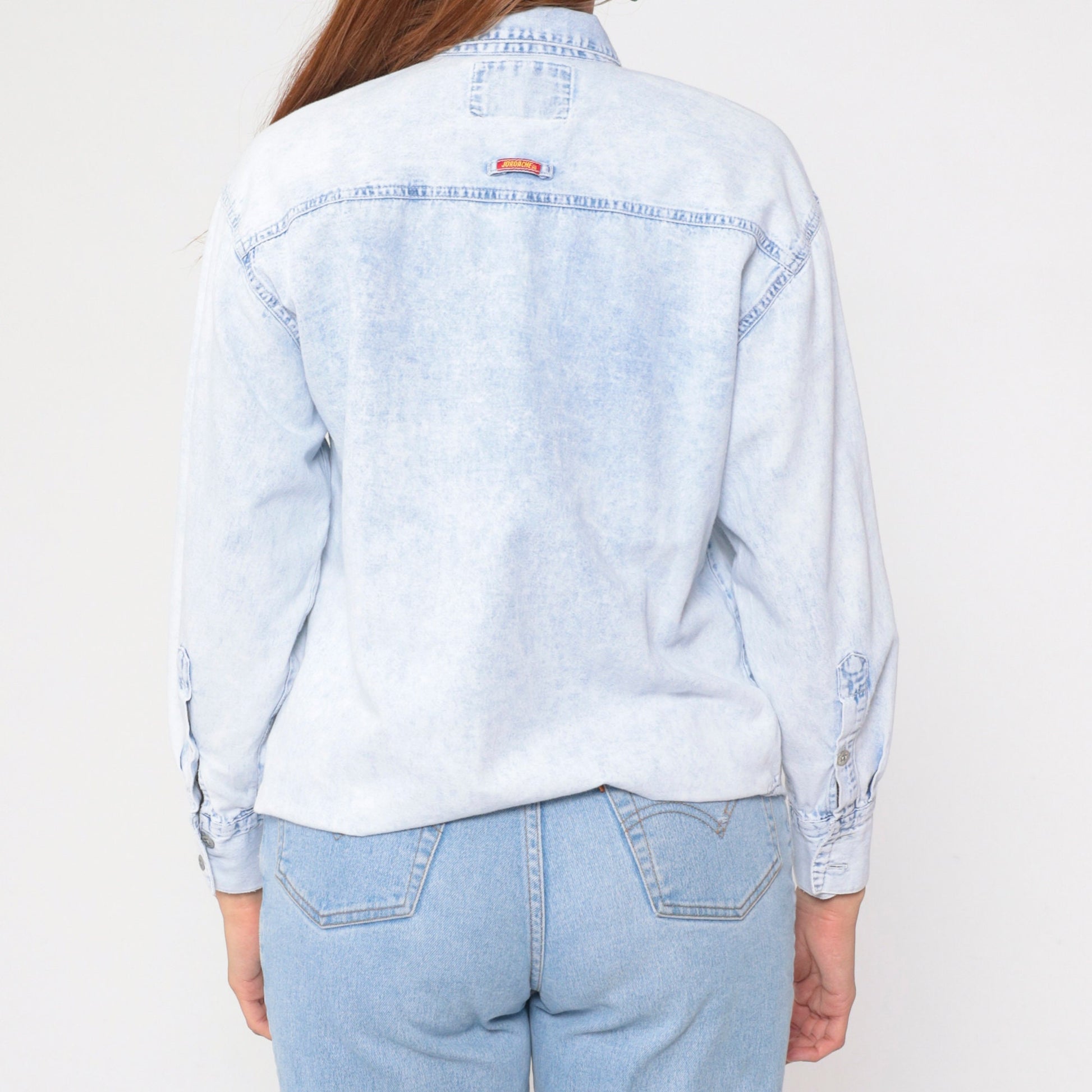 90s Jordache Denim Shirt Light Blue Embroidered Feather Southwestern Button Up Medium