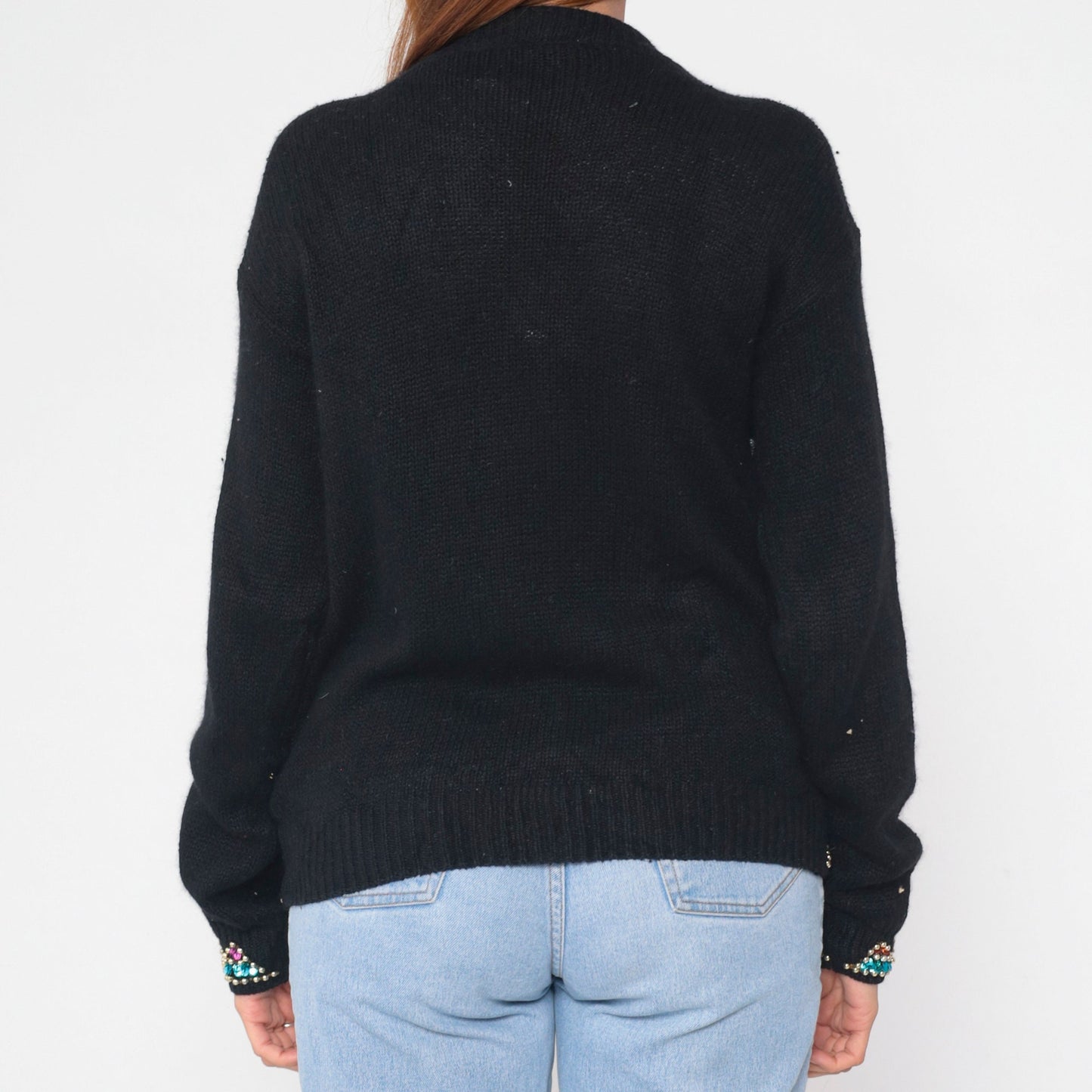 90s Cristina Black Silk Angora Cardigan Sequin Beaded Geometric Small S