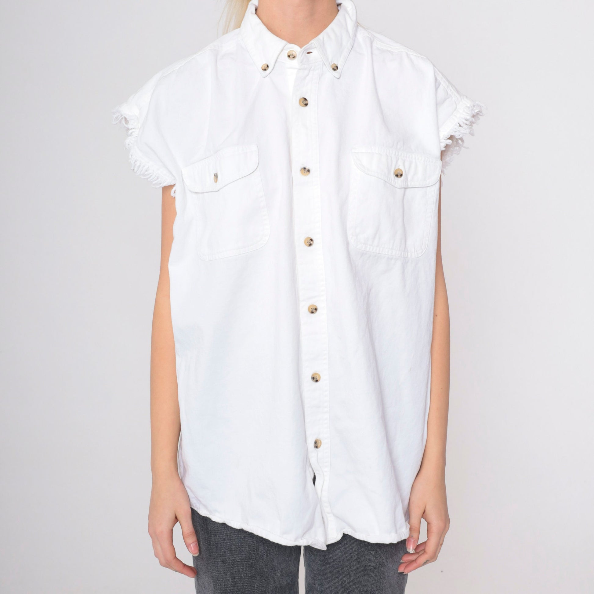 90s Ride Free Motorcycle Cutoff Tank Top White Cotton Button Up Extra Large