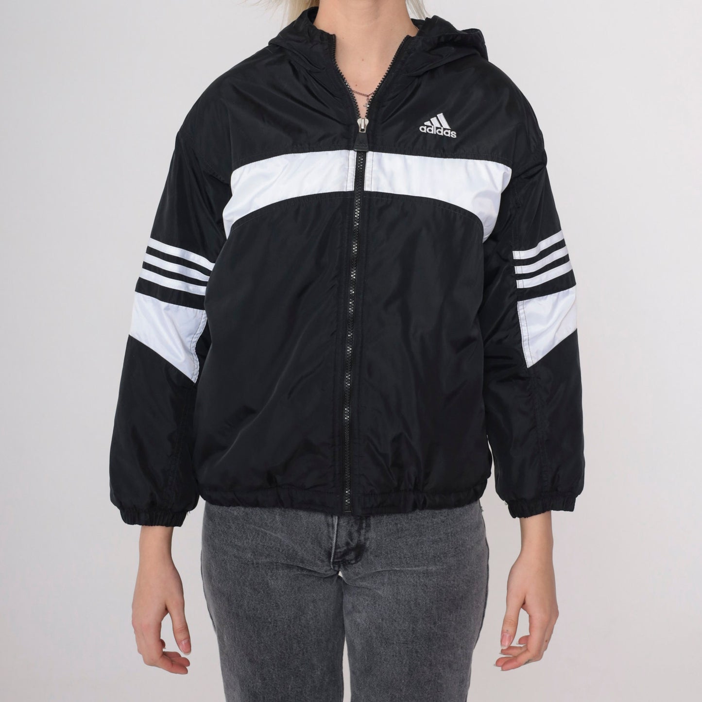90s Adidas Hooded Windbreaker Black White Striped Nylon Jacket Medium