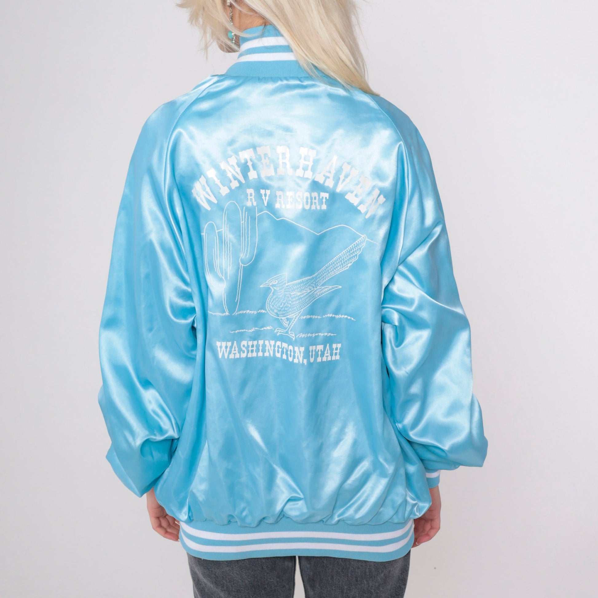 80s Winterhaven RV Resort Satin Bomber Jacket Baby Blue Roadrunner Extra Large