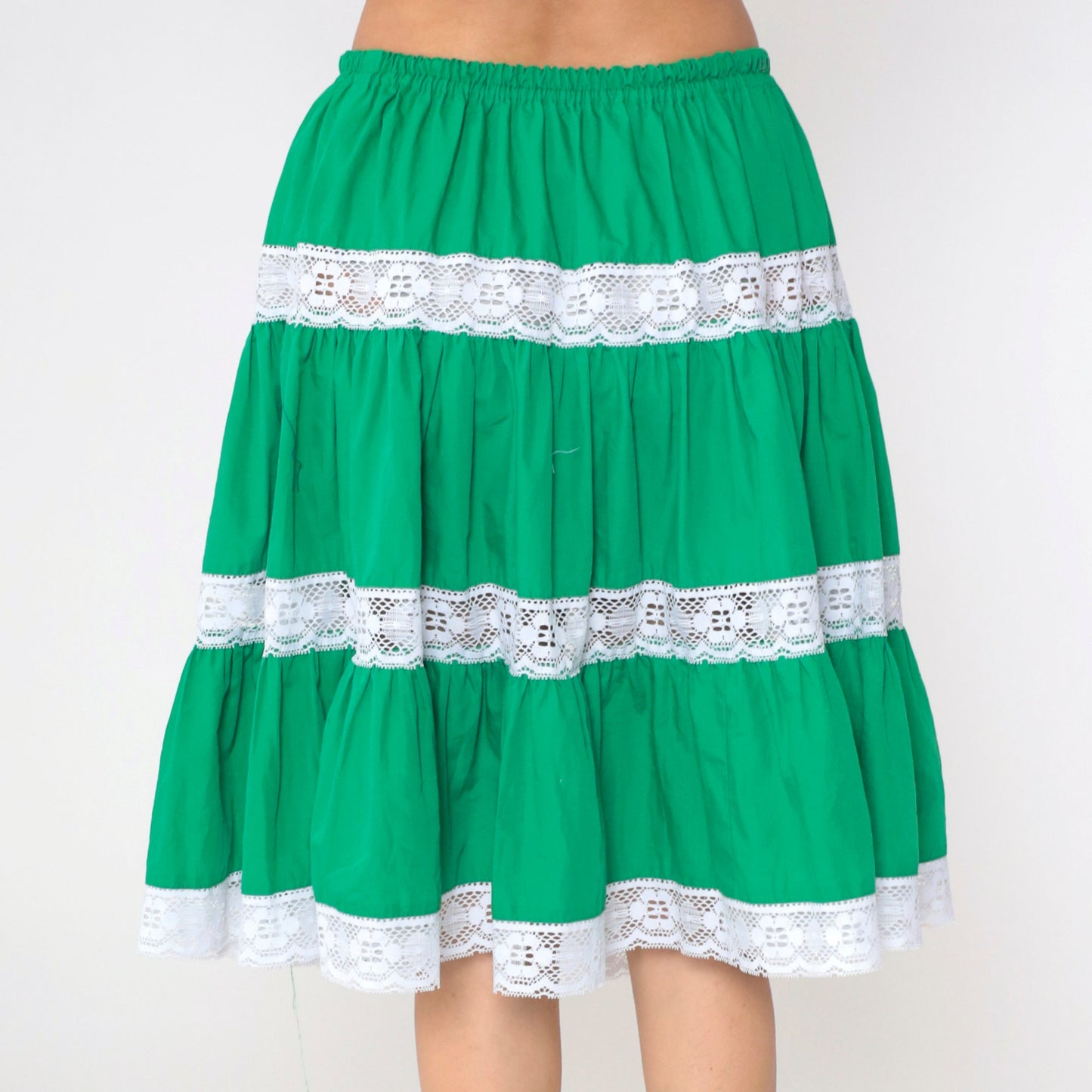 70s Green Tiered Midi Skirt Lace Trim High Waist Small