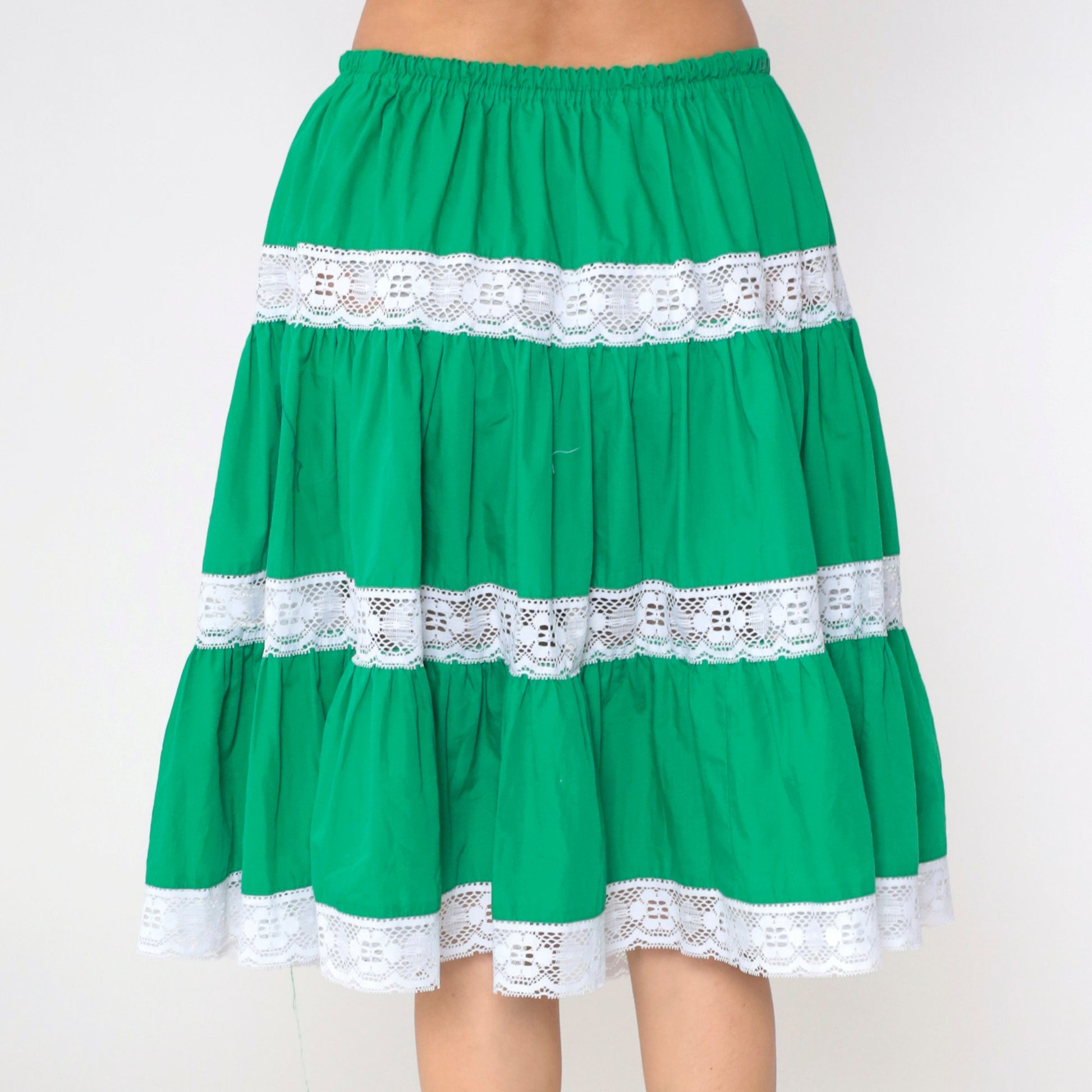 70s Green Tiered Midi Skirt Lace Trim High Waist Small