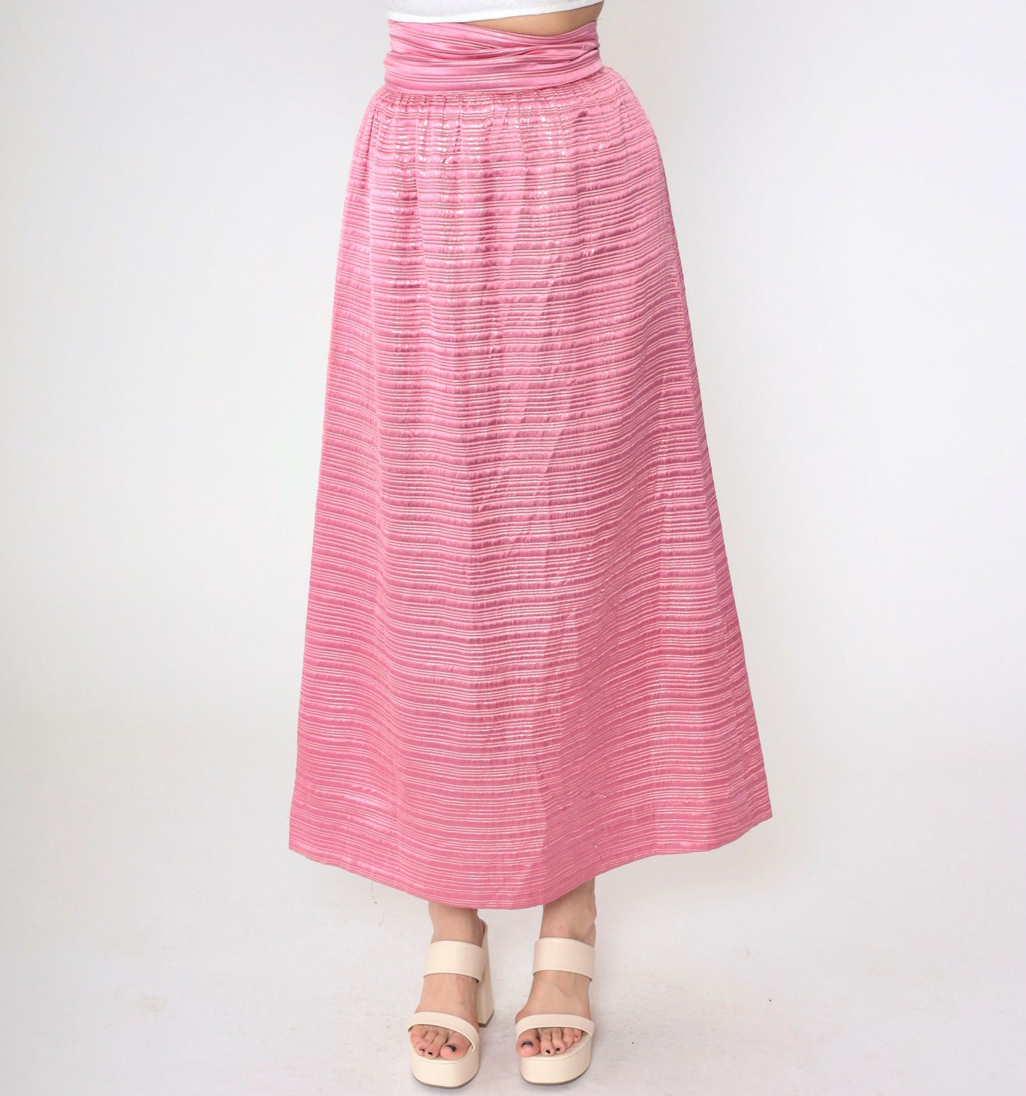 60s Pink Metallic Maxi Skirt High Waisted Formal Evening Wear Extra Small