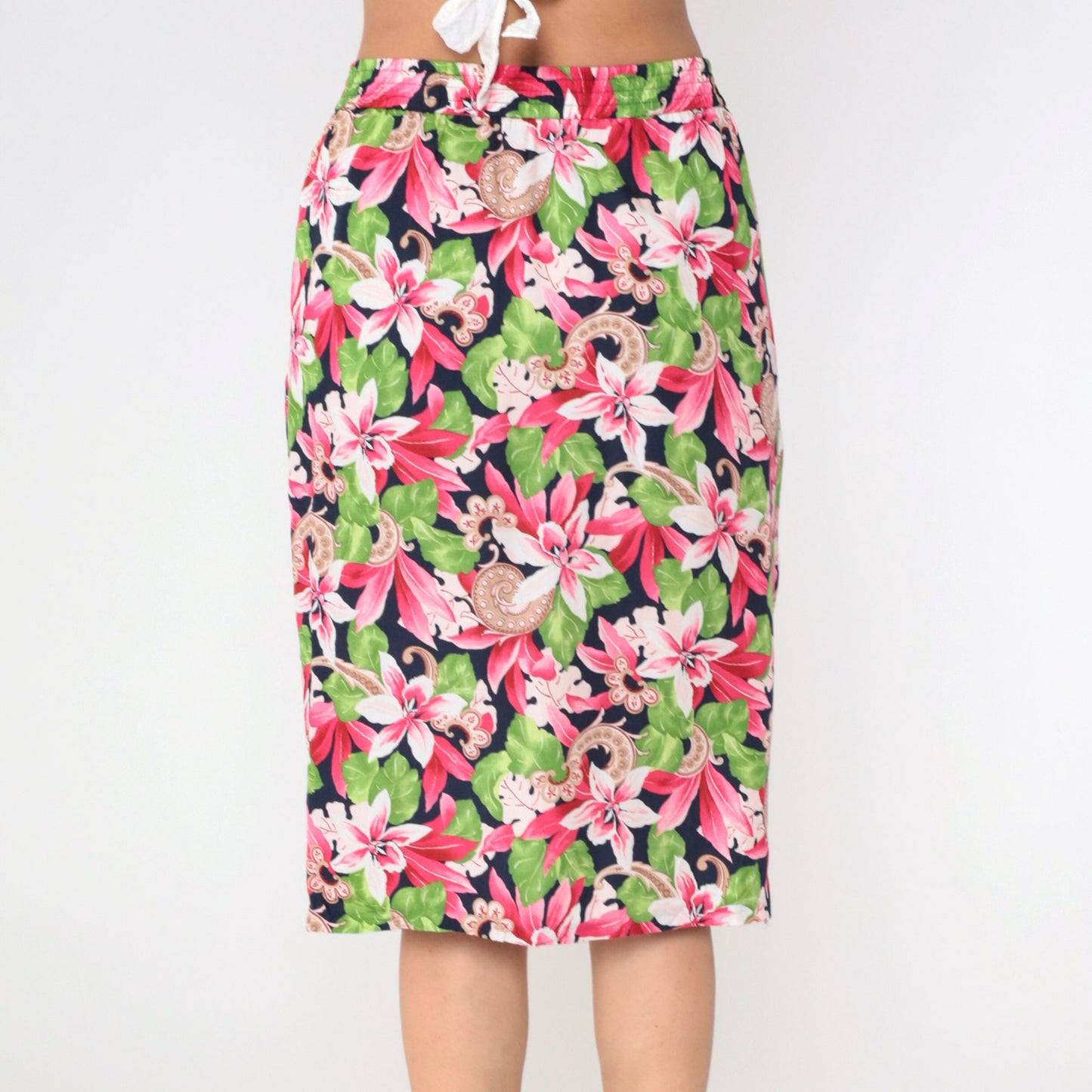 90s Evan Picone Tropical Floral Midi Skirt Navy Pleated High Waist Medium