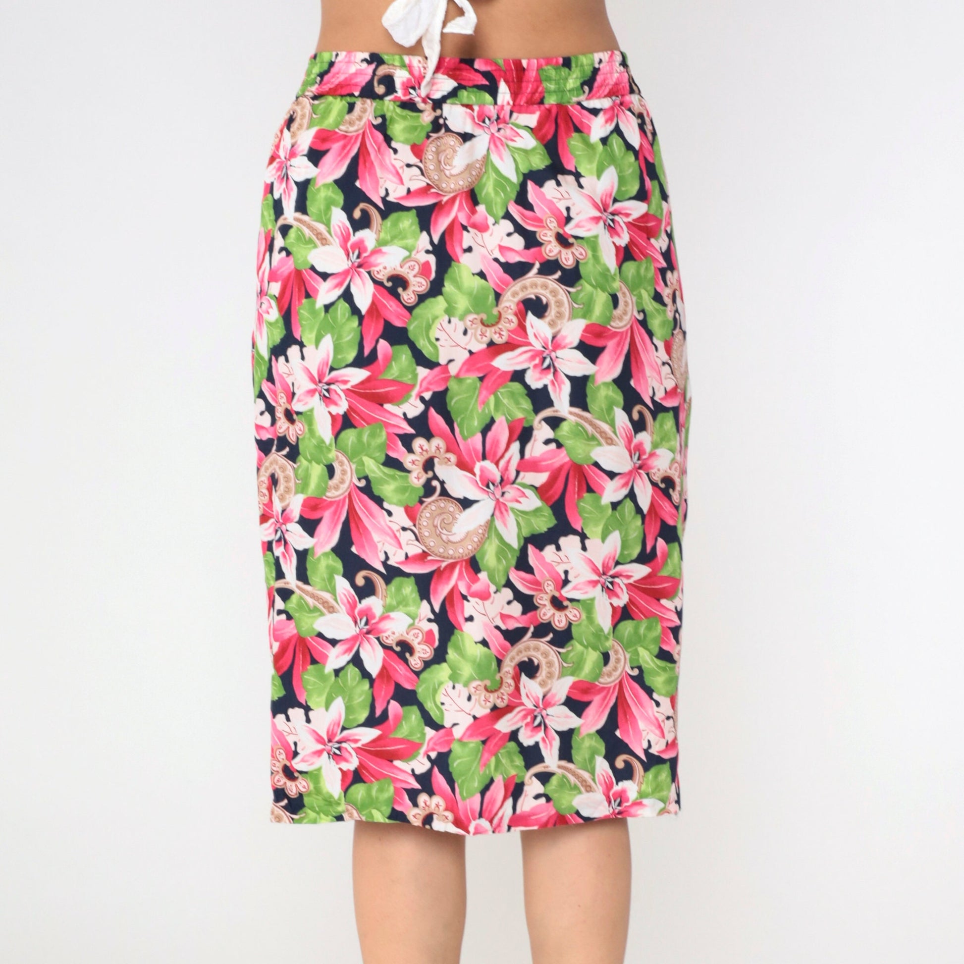 90s Evan Picone Tropical Floral Midi Skirt Navy Pleated High Waist Medium
