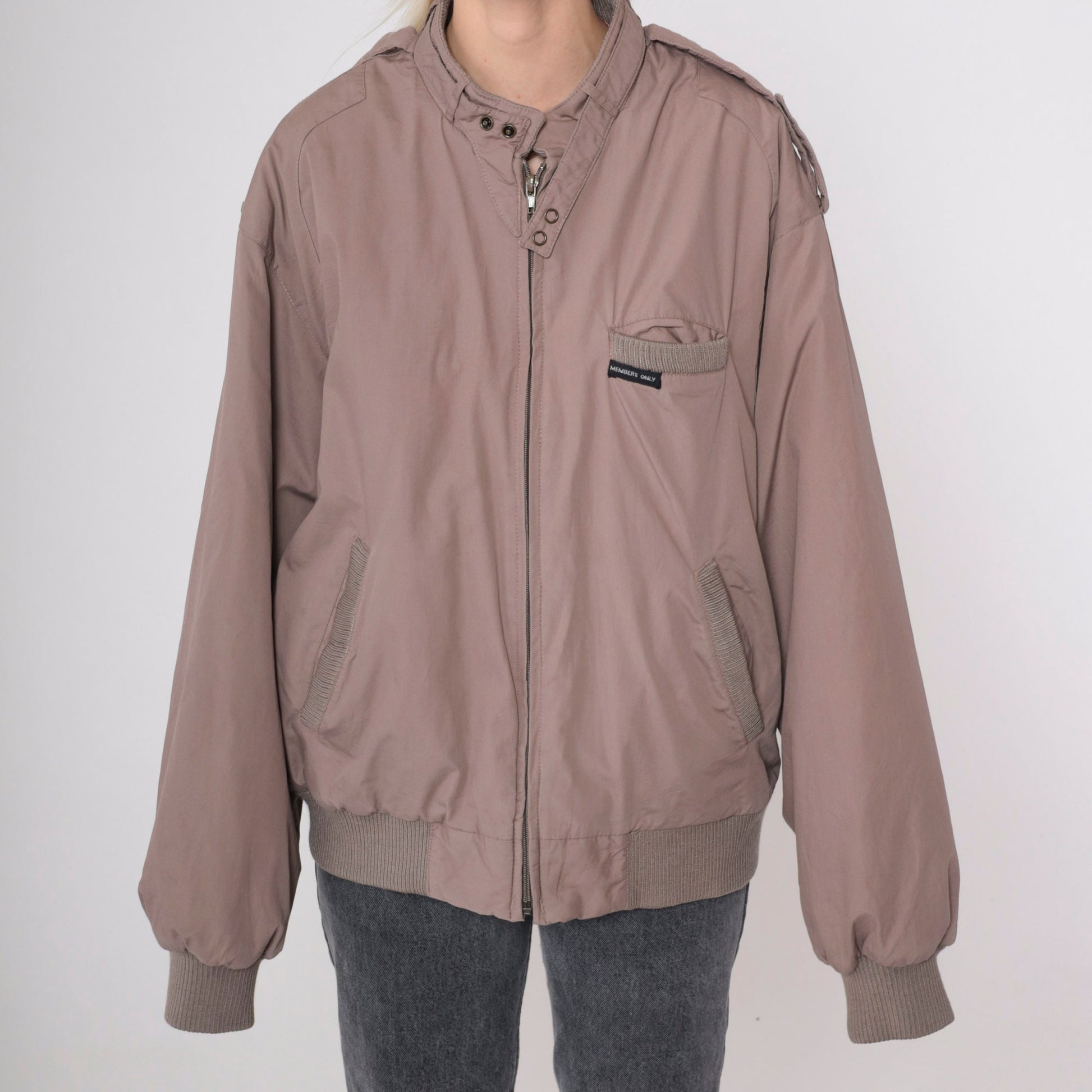 80s Members Only Brown Windbreaker Jacket Zip Epaulette Large