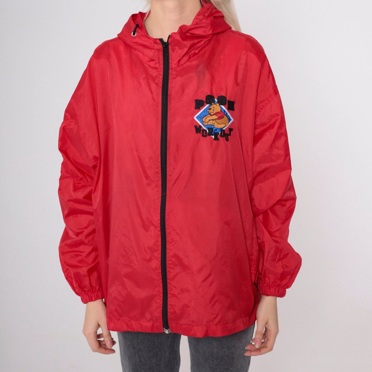 90s Winnie The Pooh Red Windbreaker Jacket Hooded Disney Medium