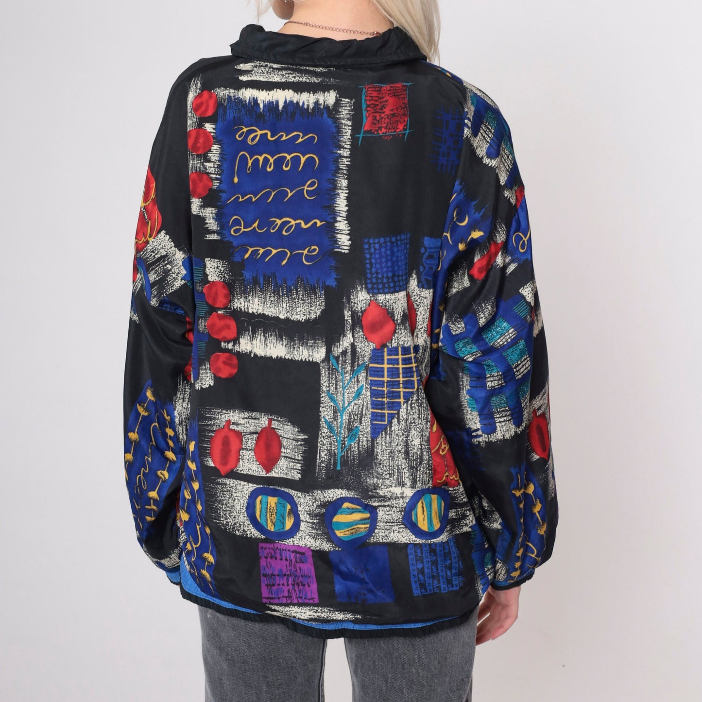 90s Patchwork Windbreaker Black Checkered Abstract Full Zip Jacket Medium