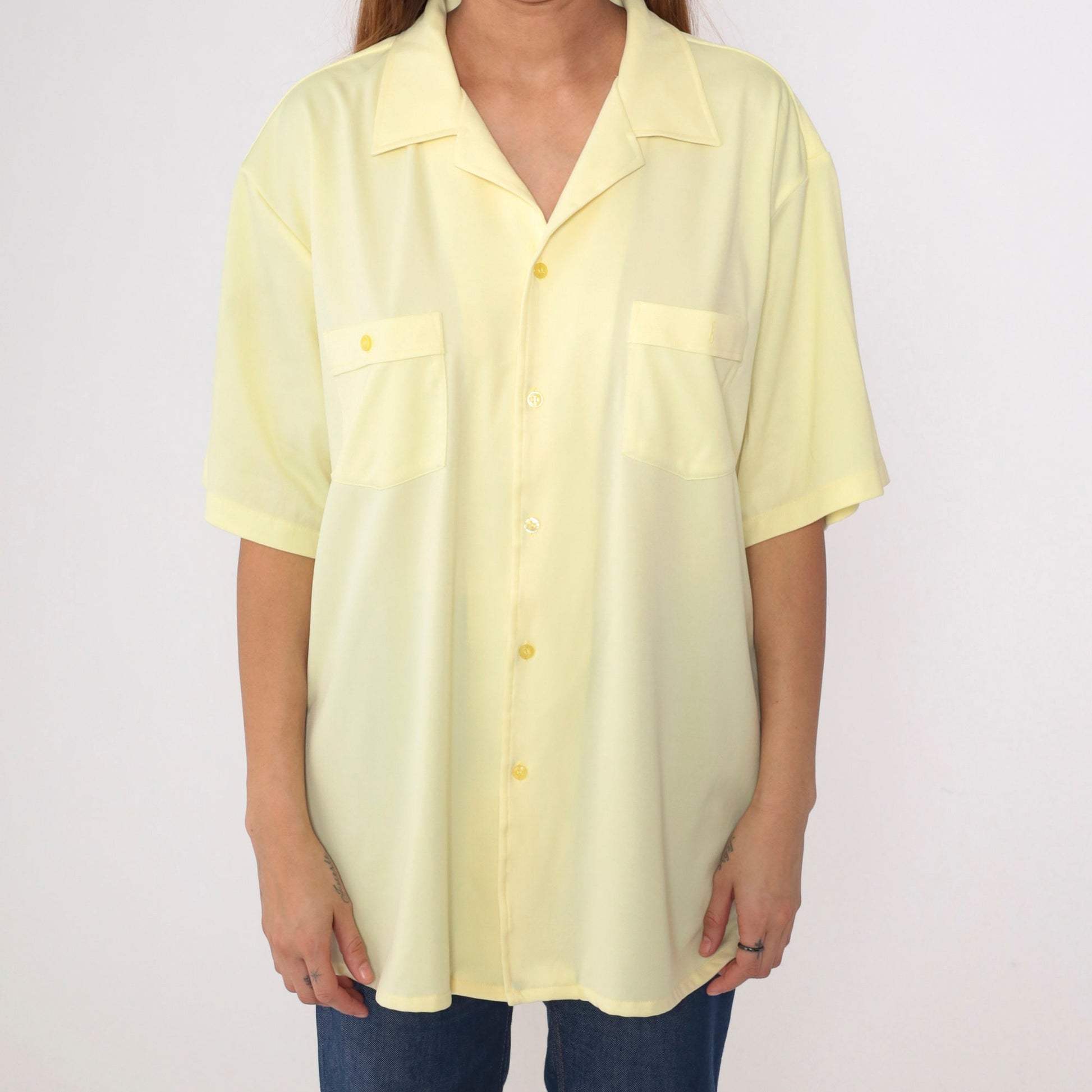 80s Yellow Button-Up Shirt Men's Extra Large Chest Pocket Short Sleeve