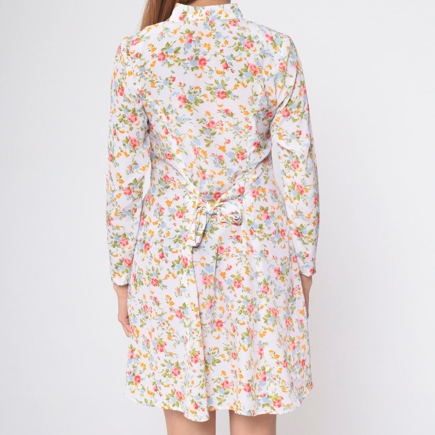 90s White Floral Mini Dress Button-Up Long Sleeve Ditsy Print Medium M