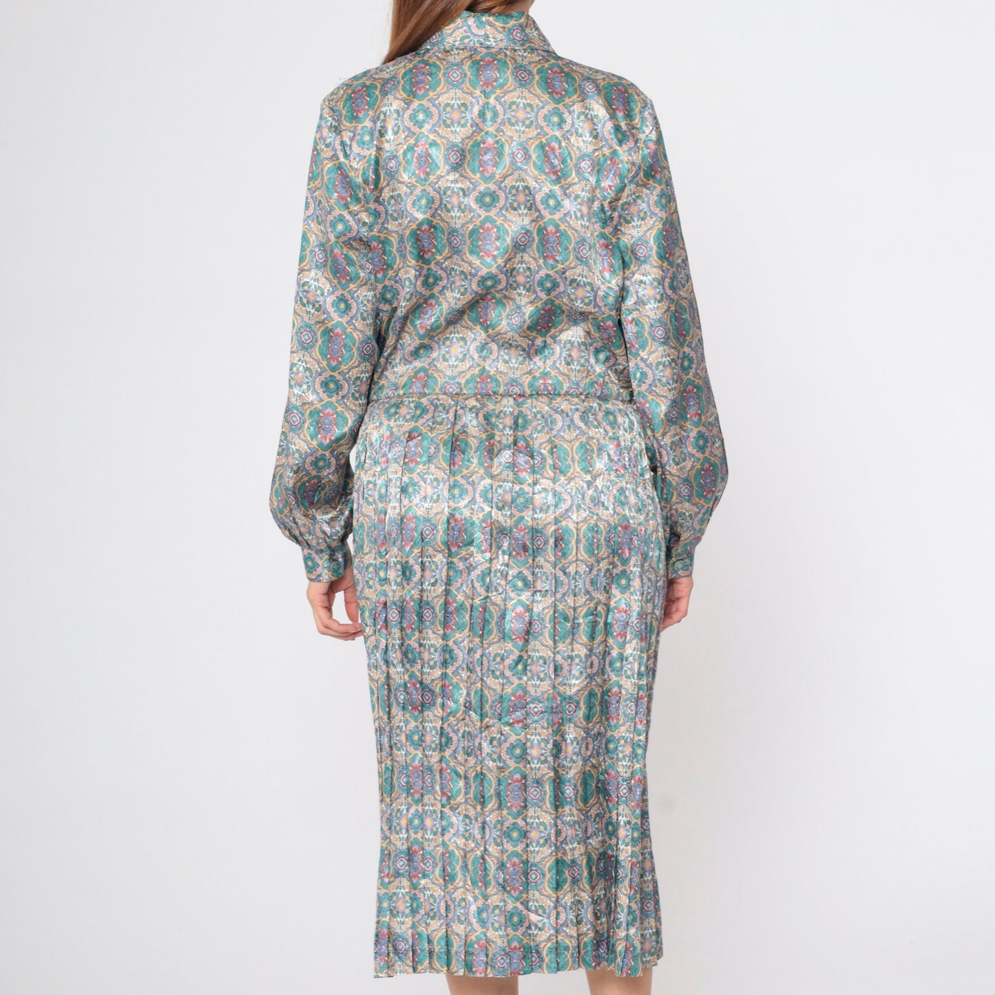 80s Shirtwaist Midi Dress Floral Mandala Print High Waisted Pleated Medium