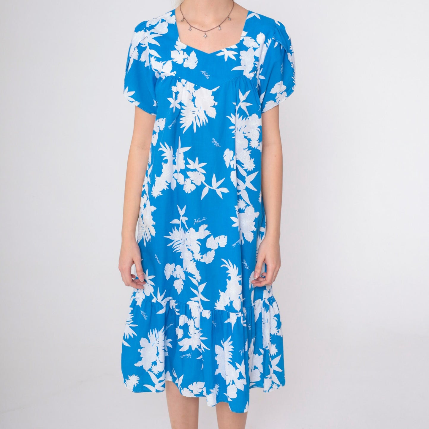 80s Hawaiian Floral Mini Dress Blue Puff Sleeve Tent Cut Small