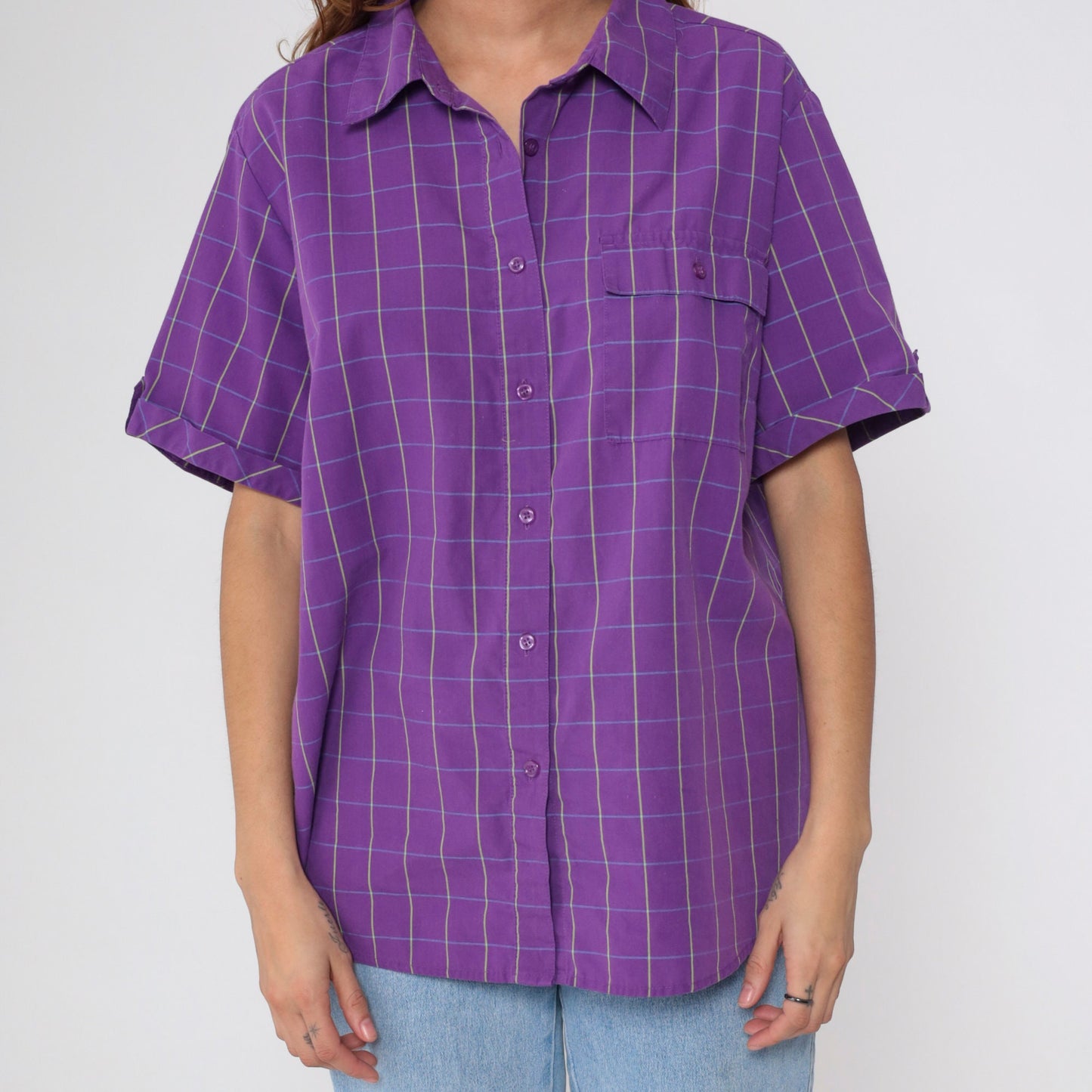 90s Purple Checkered Button-Up Blouse Short Sleeve Preppy Plus Size 18W