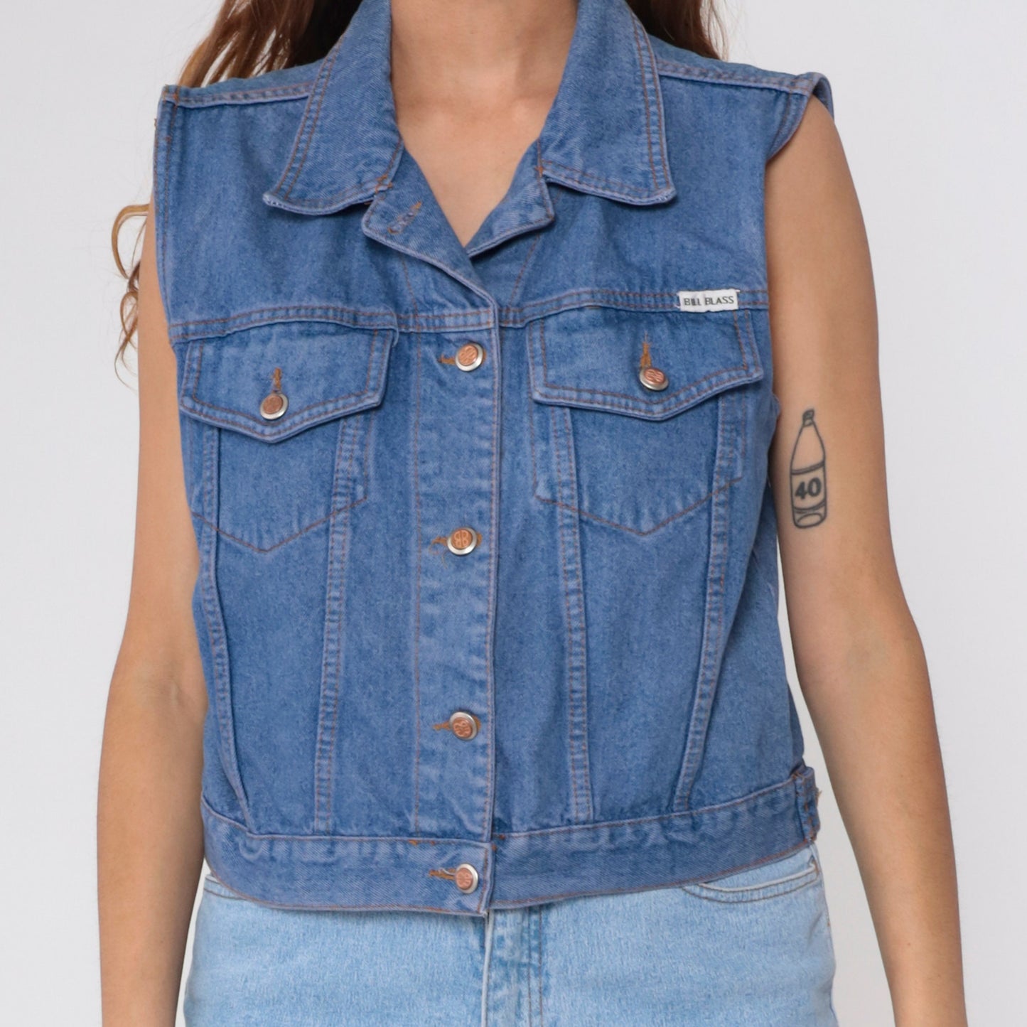 90s Bill Blass Cropped Denim Vest Blue Jean Sleeveless Button-Up Medium
