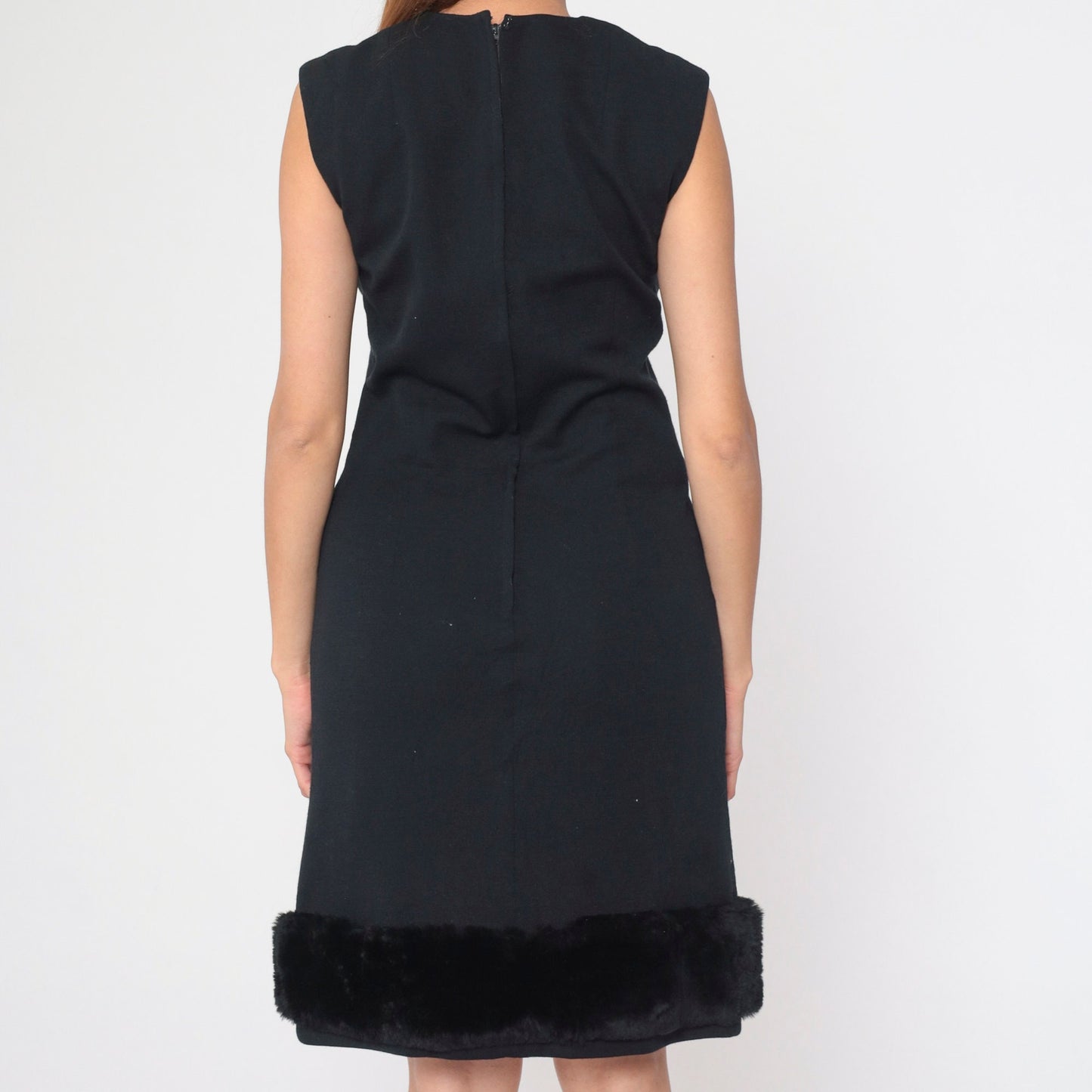 60s Miss Jean Black Wool Shift Dress Faux Fur Trim Mini Sleeveless Small
