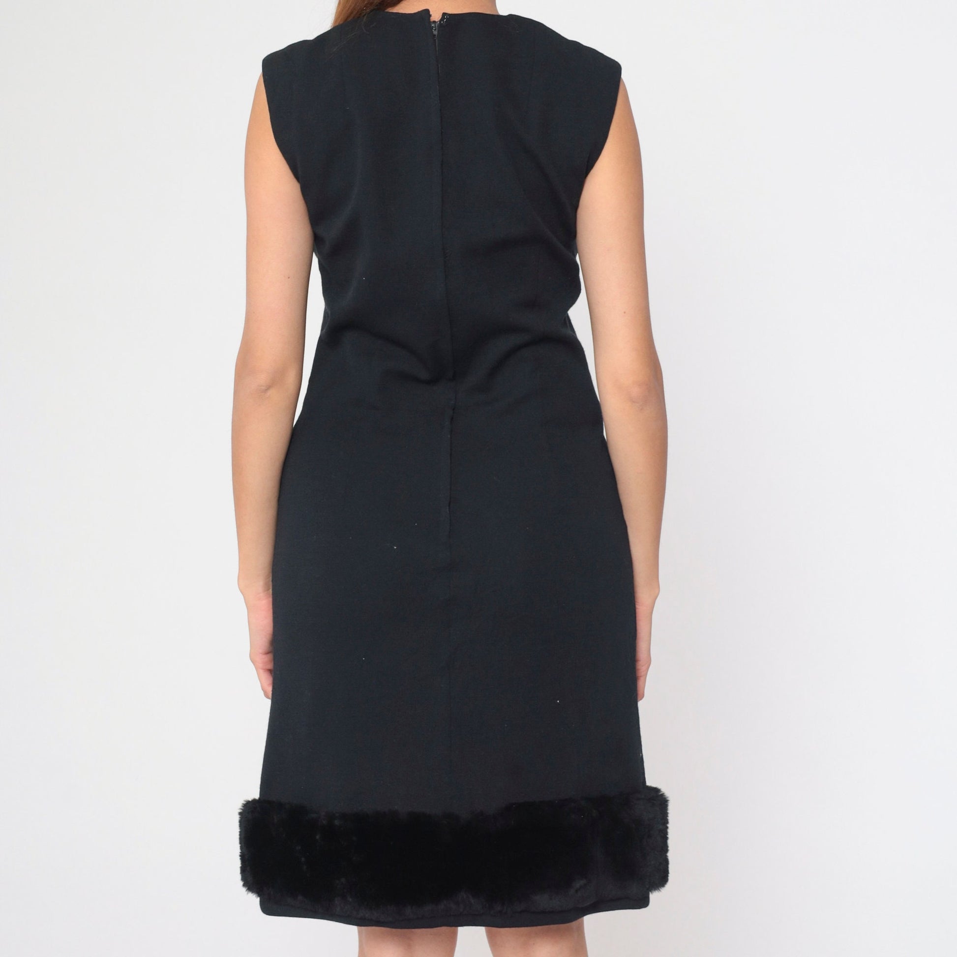 60s Miss Jean Black Wool Shift Dress Faux Fur Trim Mini Sleeveless Small