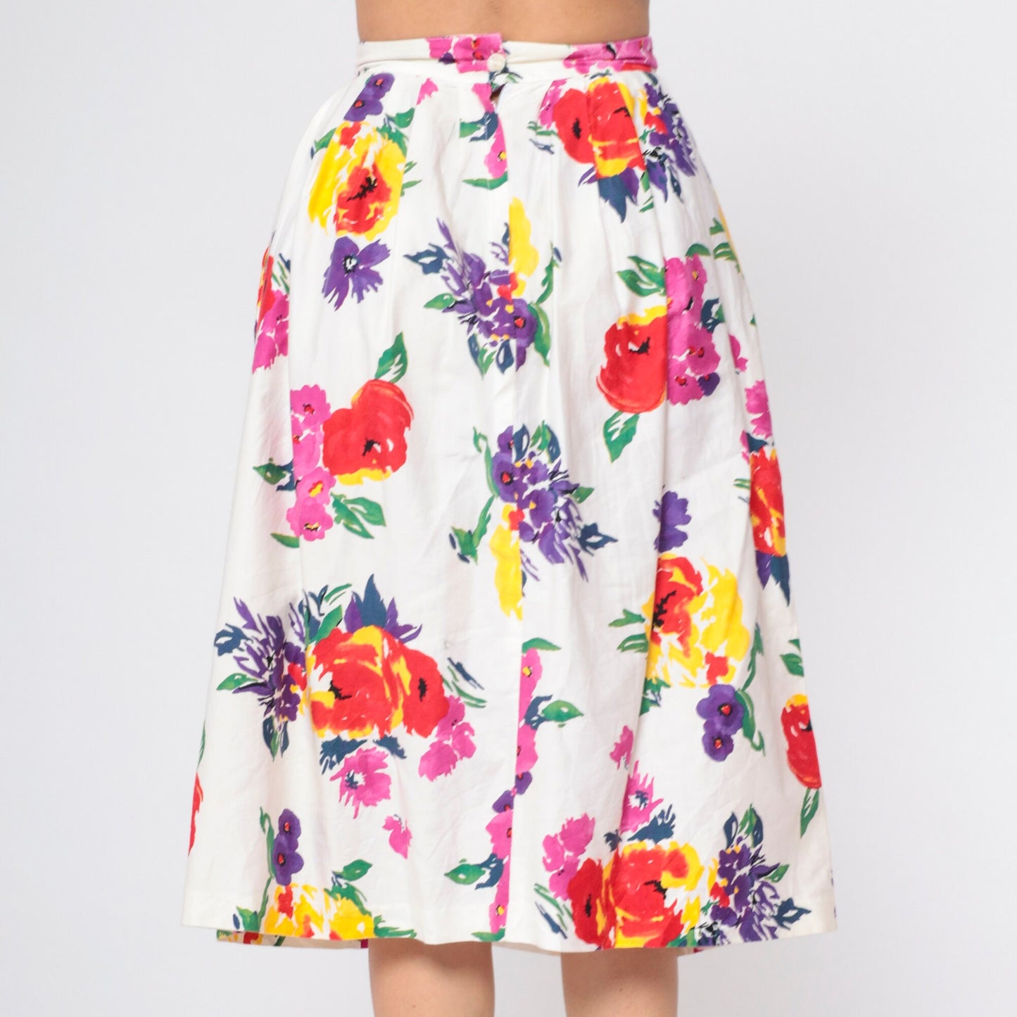 90s Worthington White Floral Pleated Midi Skirt High Waist Pockets Small