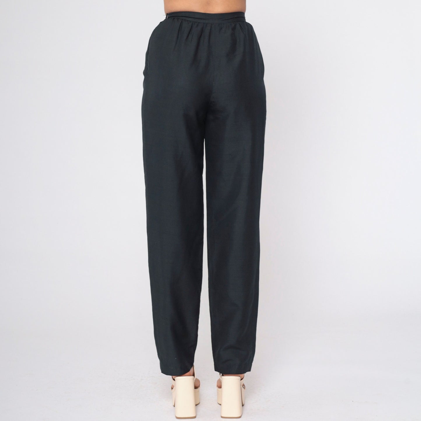 80s Black Silk Pleated Trousers High Waisted Straight Leg Small