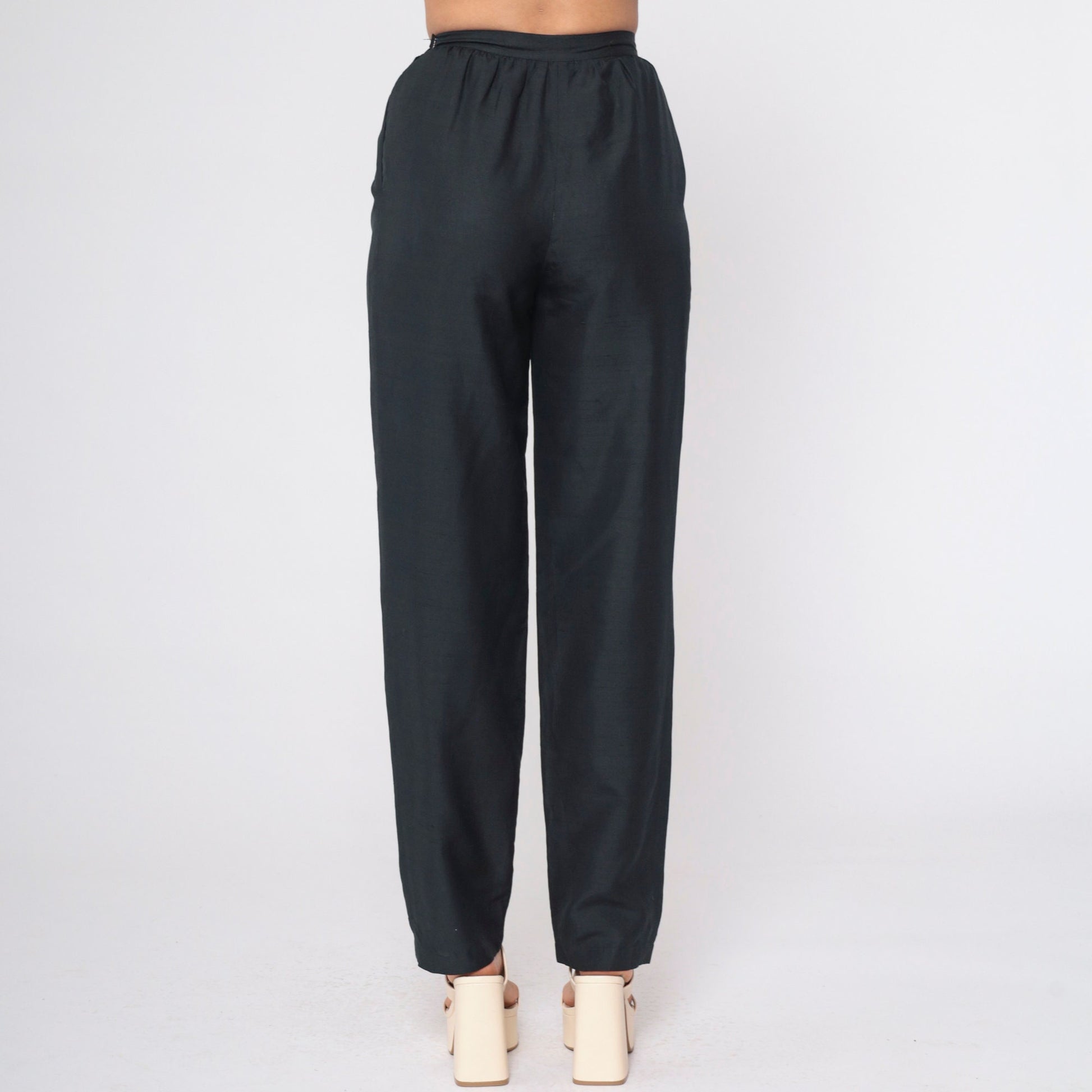 80s Black Silk Pleated Trousers High Waisted Straight Leg Small