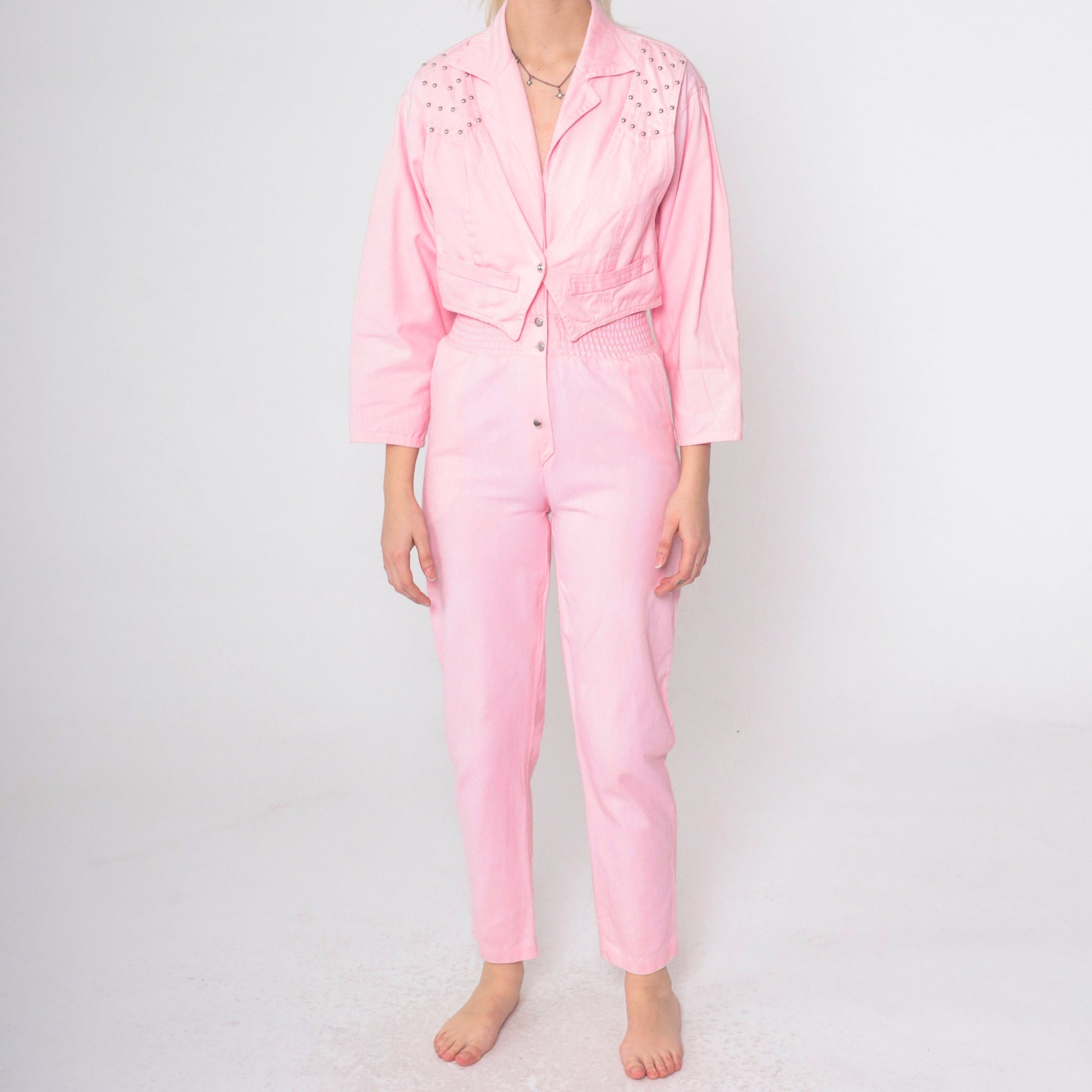 80s Baby Pink Cotton Jumpsuit Studded Vest Long Sleeve Smocked Waist XXS