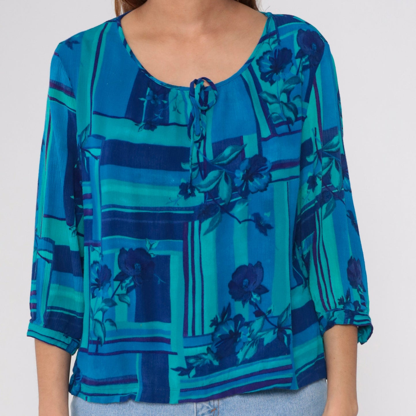 90s Dena Lauren Floral Blouse Tie Neck Blue Rayon 3/4 Sleeve Medium