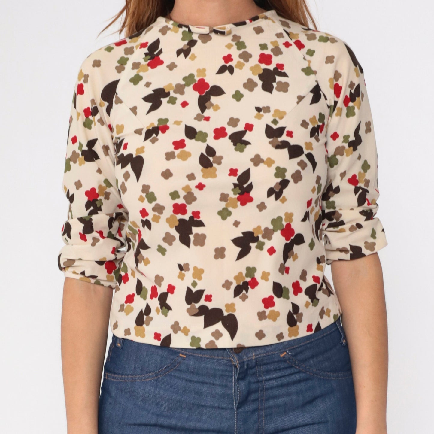 70s Cream Floral Abstract Crop Top Blouse Bow Neckline Raglan Sleeve Extra Small