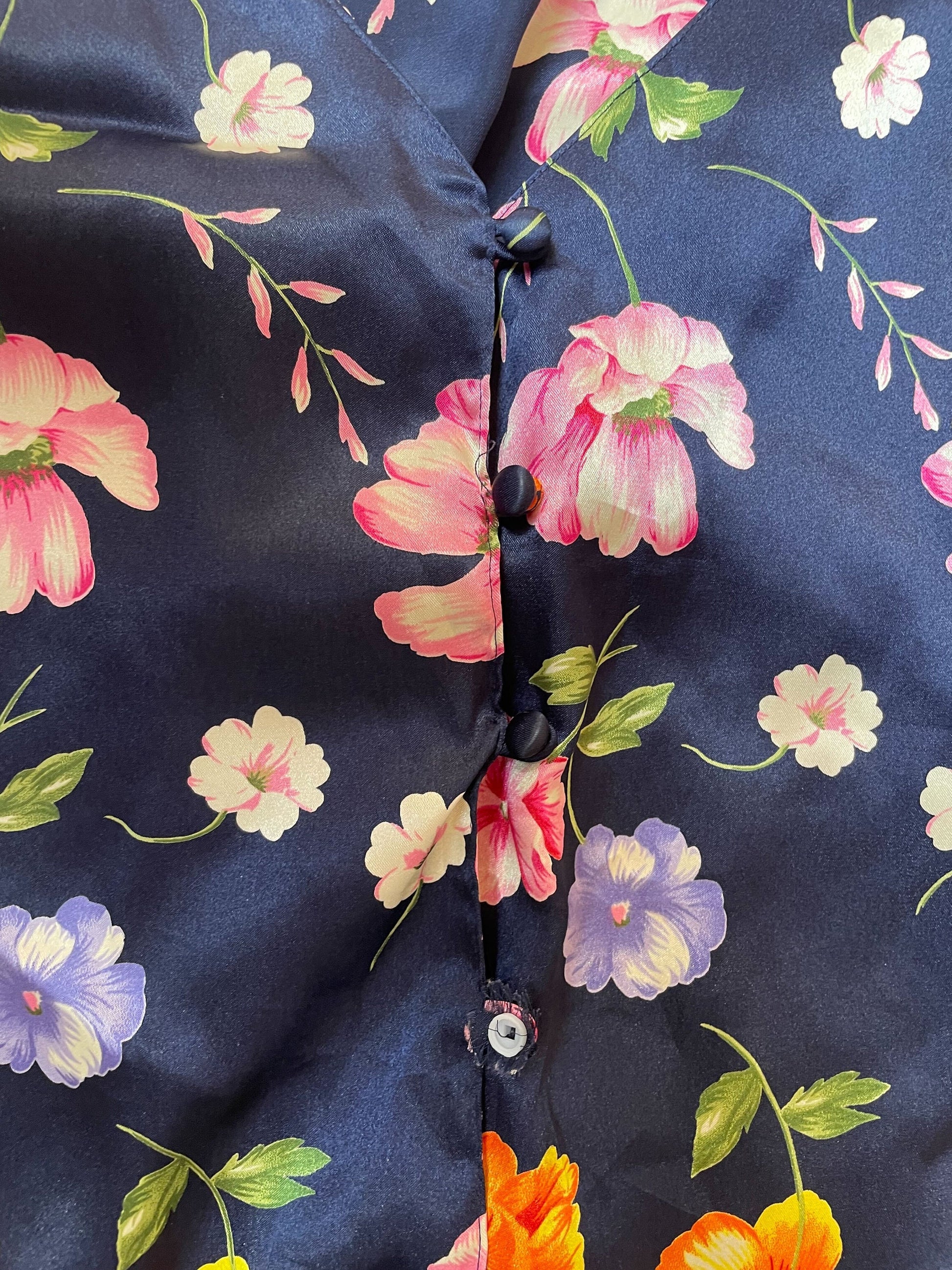 90s Navy Satin Floral Pajama Tank Top V-Neck Button-Up Sleep Shirt Medium