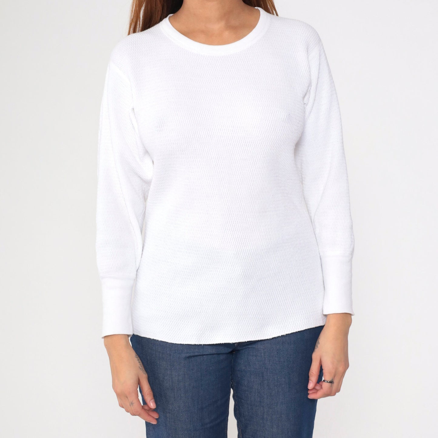 80s White Thermal Waffle Knit Long Sleeve Undershirt Small