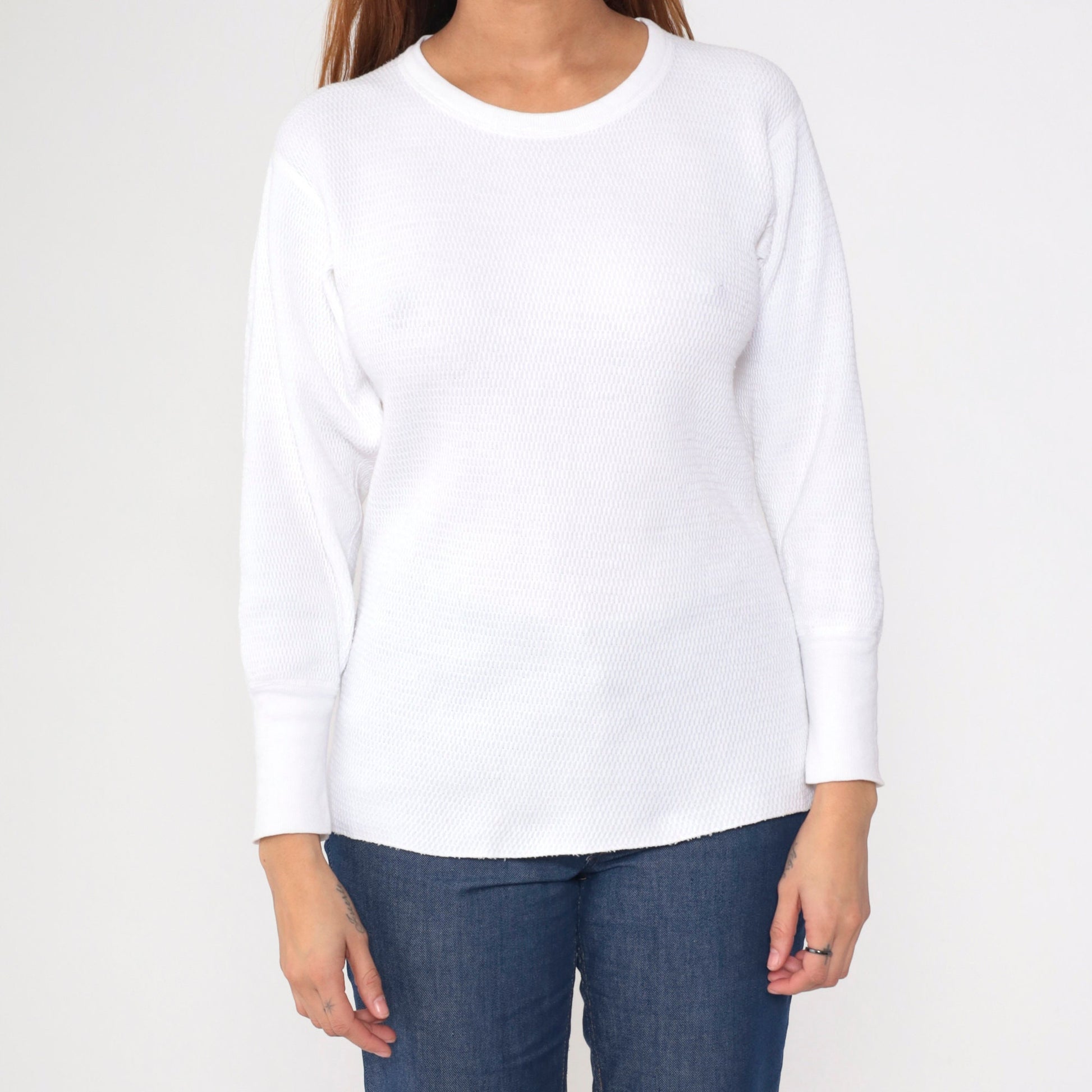80s White Thermal Waffle Knit Long Sleeve Undershirt Small