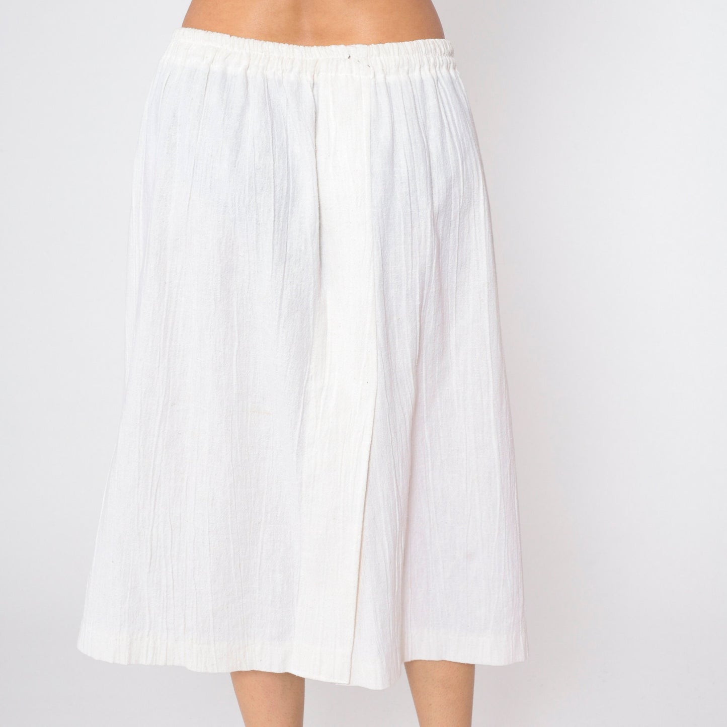 90s White Gauze Midi Skirt High Elastic Waist Crinkled Medium Large