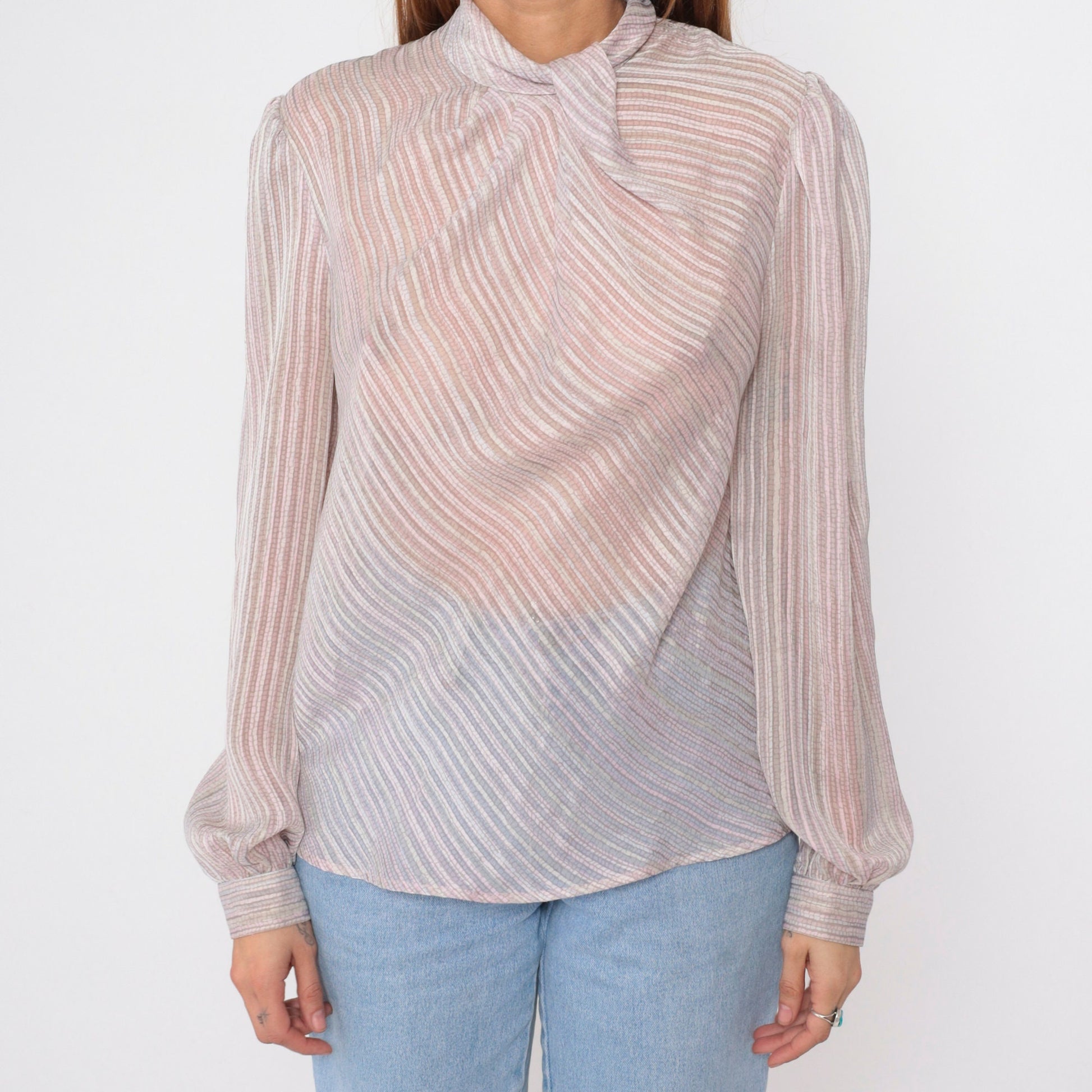 80s Sheer Striped Cowl Neck Blouse Puff Sleeve Button Back Grey Pink Medium
