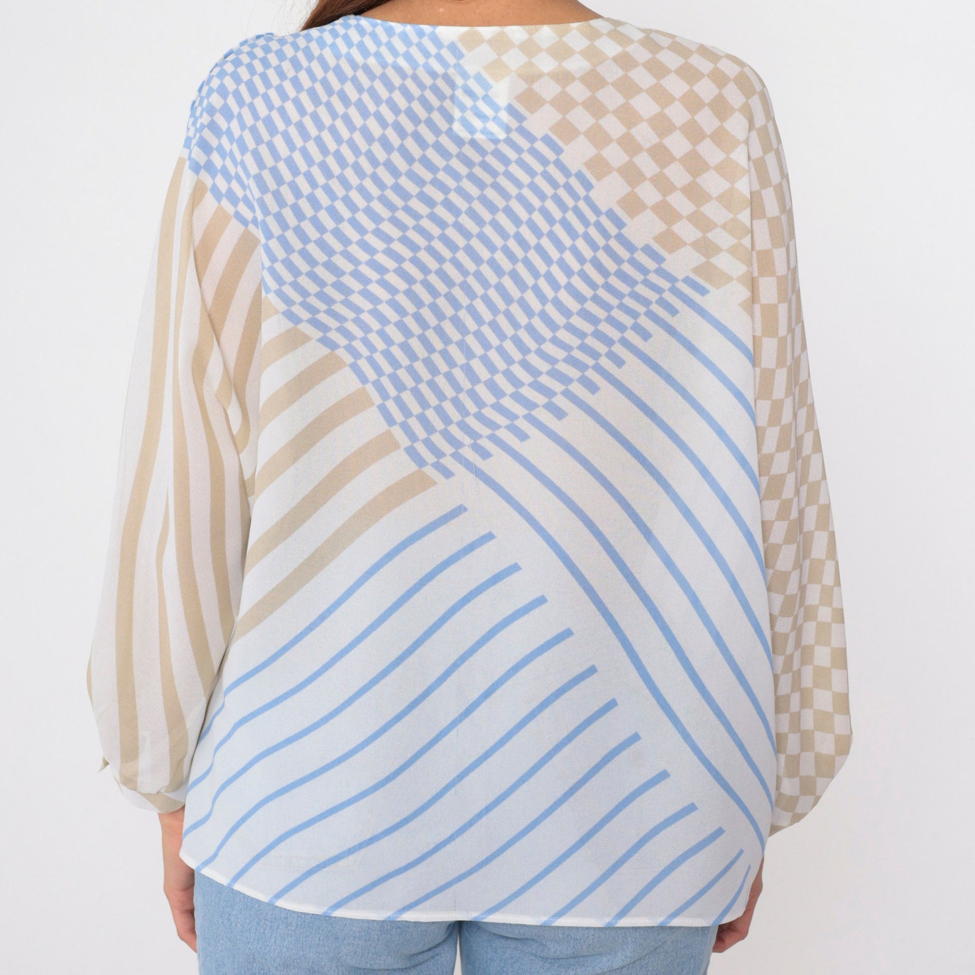 80s Frankenwalder Sheer Checkered Striped Blouse Long Sleeve Button Shoulder Blue White Taupe Extra Large