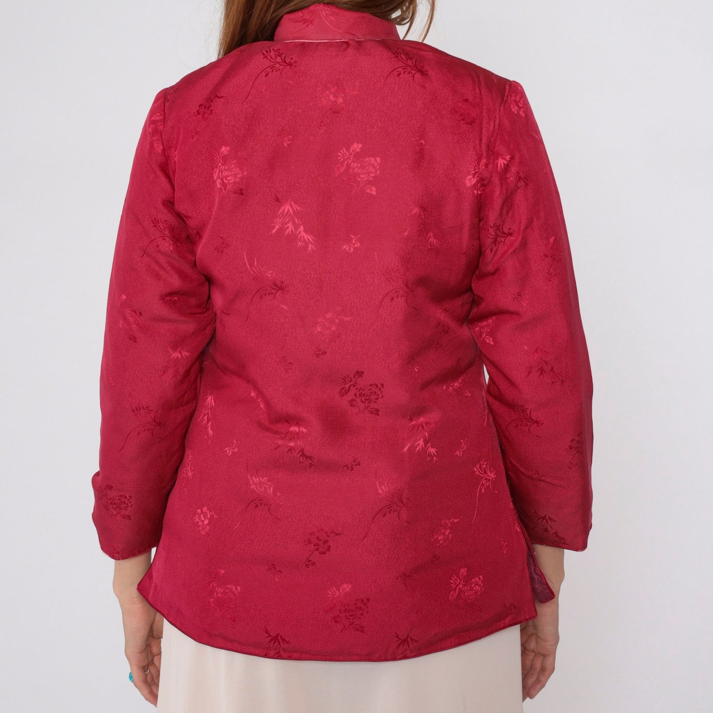 80s Red Floral Asian-Inspired Jacket Quilted Down-Fill Knot Buttons Small