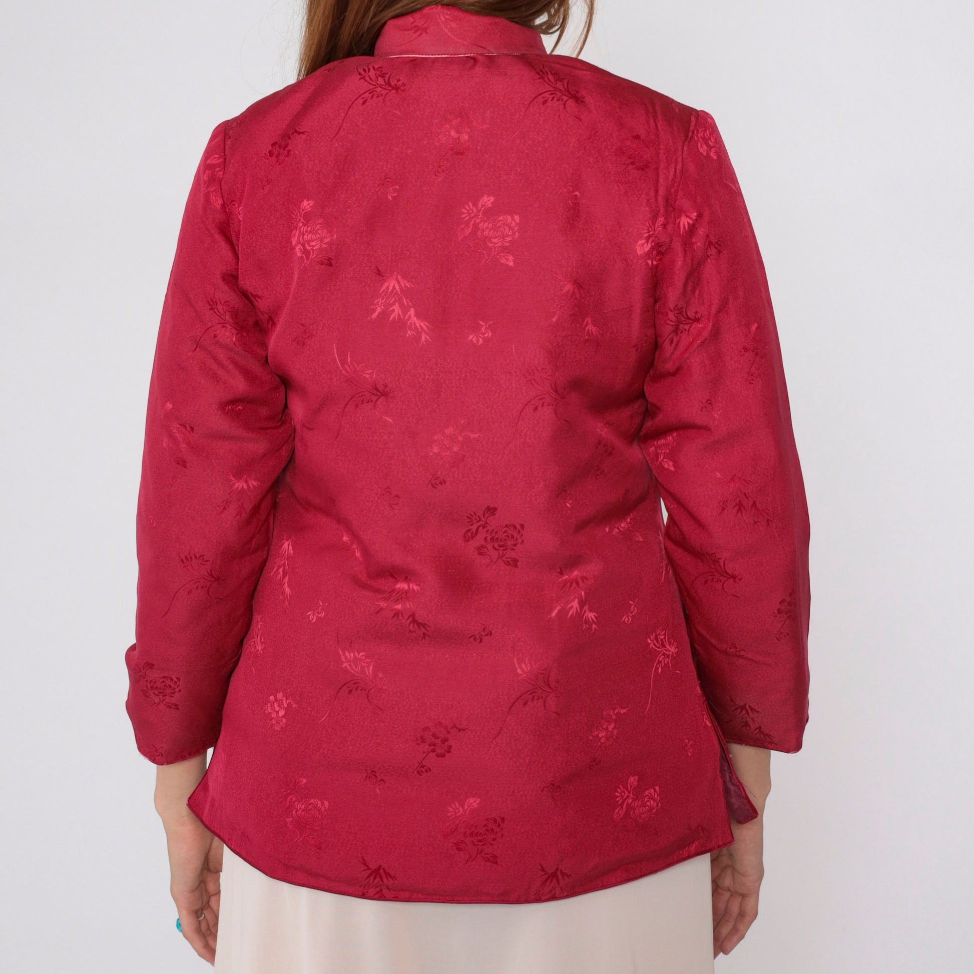 80s Red Floral Asian-Inspired Jacket Quilted Down-Fill Knot Buttons Small