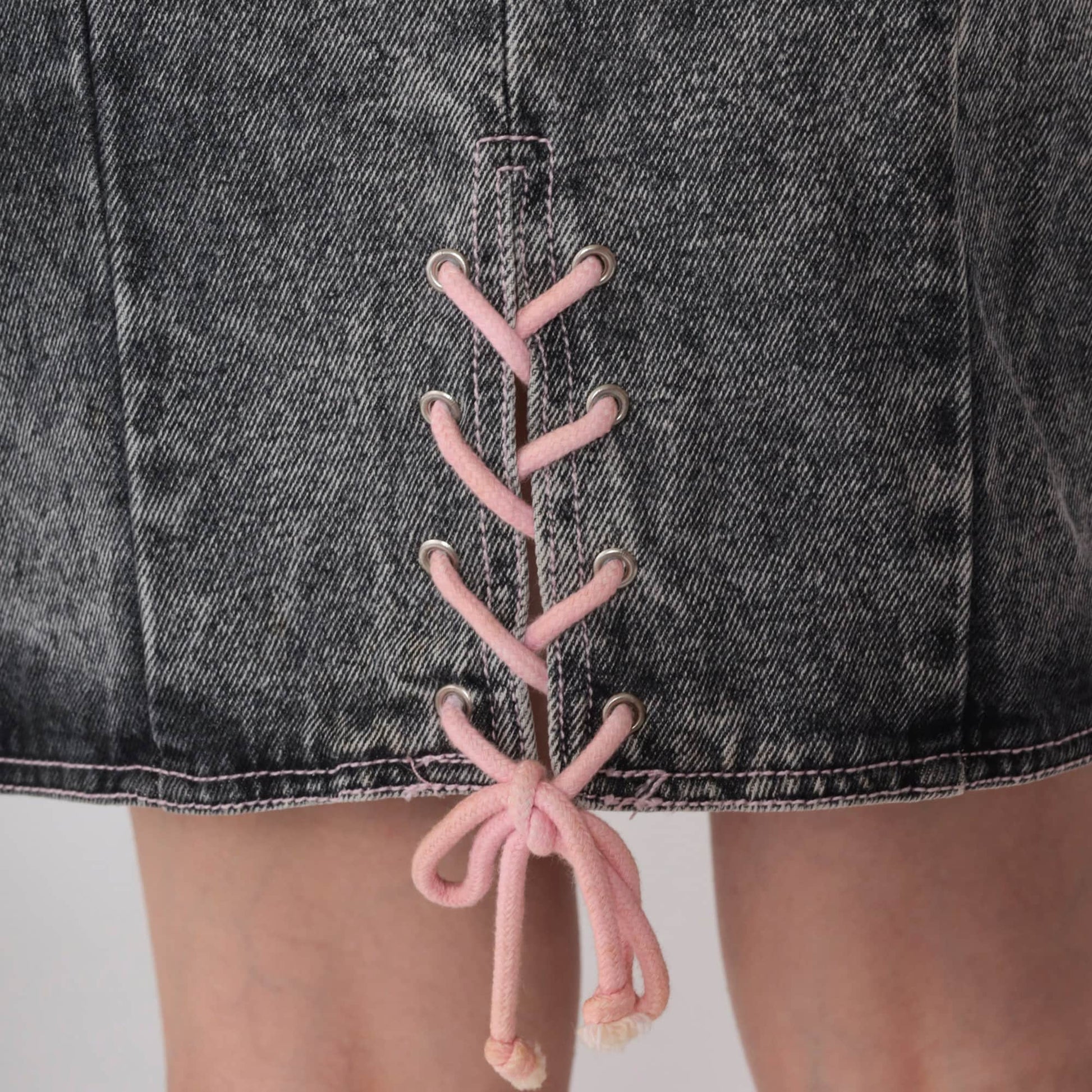 90s Acid Wash Denim Mini Skirt Grey Pink Lace Up High Waist Extra Small